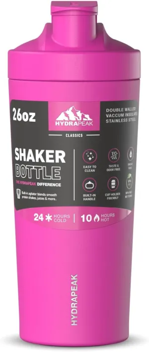 Hydrapeak Insulated Shaker Bottle, Shaker Bottles for Protein Mixes, Blender Shaker, Protein Shake Bottle, Stainless Steel Shaker Cup, Ice Shaker, Fuchsia