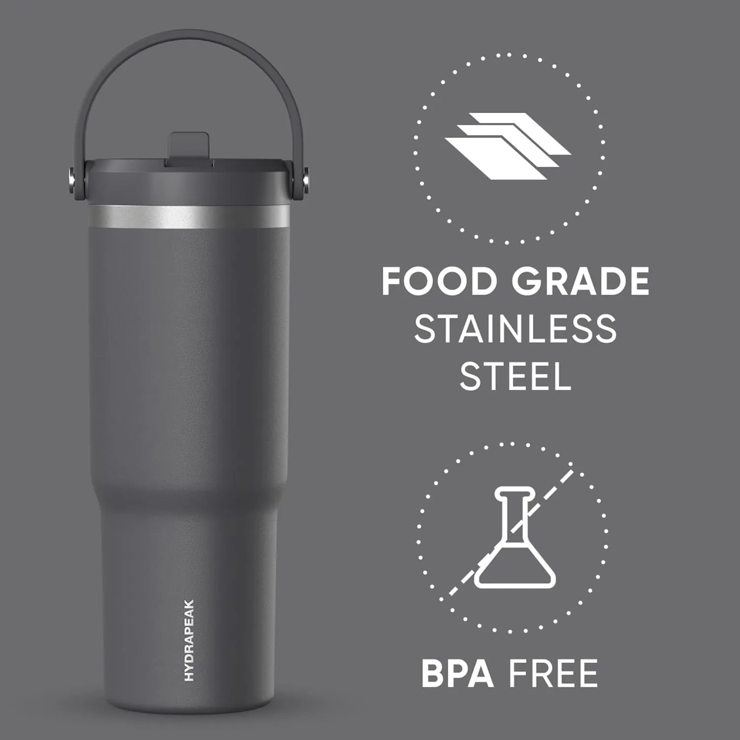 Hydrapeak Nomad 32 oz Tumbler with Handle and Straw Lid, Leakproof, Double Insulated, 32oz Cup, Stainless Steel | Grey Matter