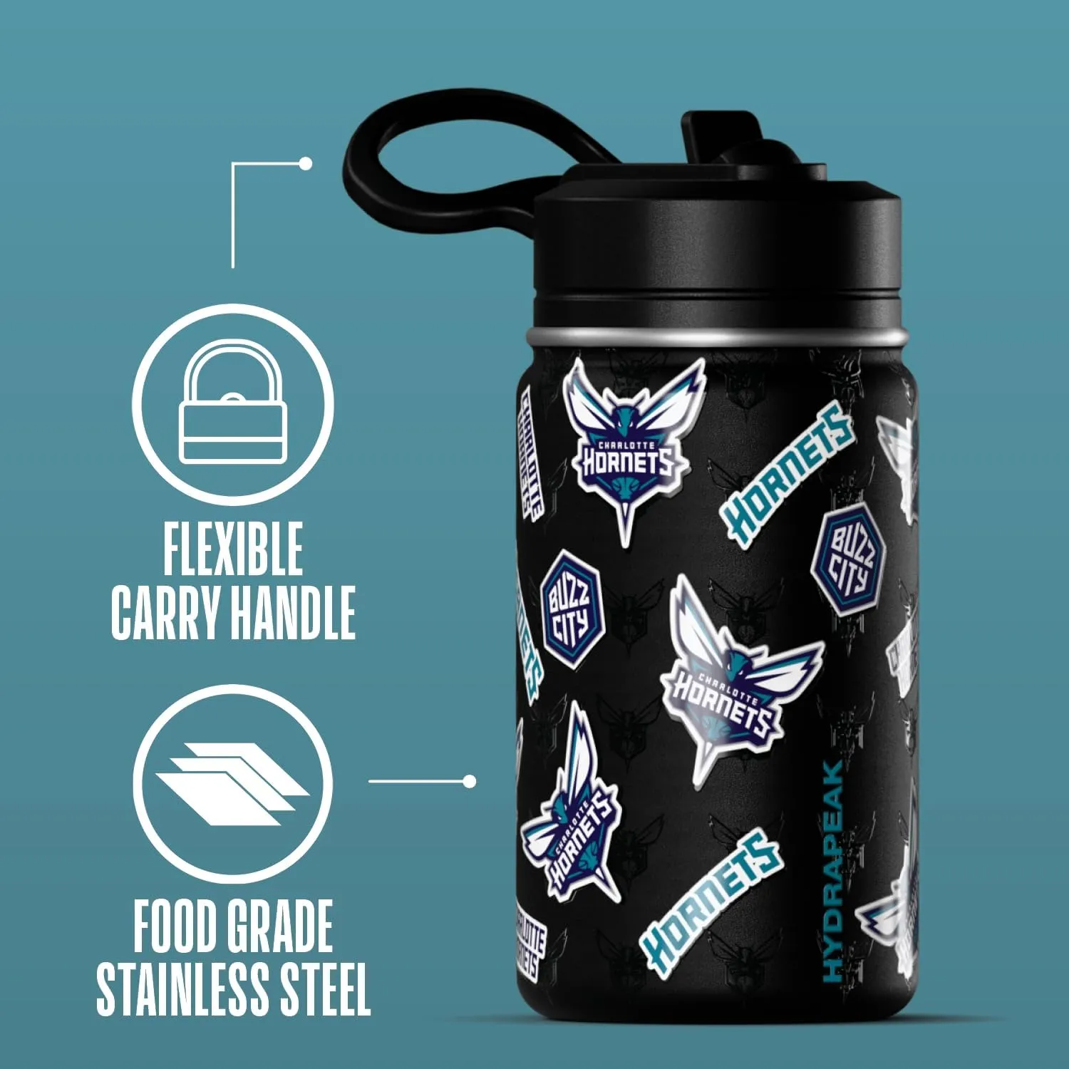 Hydrapeak x NBA Officially Licensed Charlotte Hornets 14oz Mini Kids Water Bottle with Straw Lid and Handle Reusable Stainless Steel Double Wall Insulated Spill Proof Sports Gift for Boys Girls