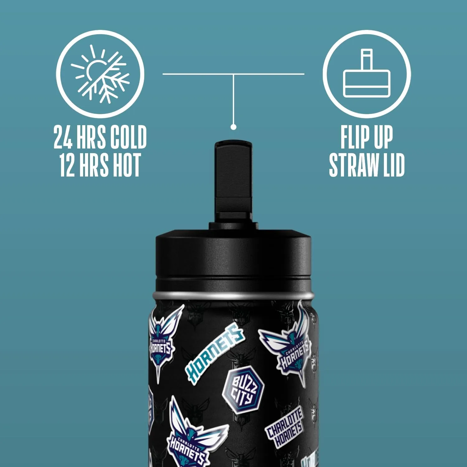 Hydrapeak x NBA Officially Licensed Charlotte Hornets 14oz Mini Kids Water Bottle with Straw Lid and Handle Reusable Stainless Steel Double Wall Insulated Spill Proof Sports Gift for Boys Girls