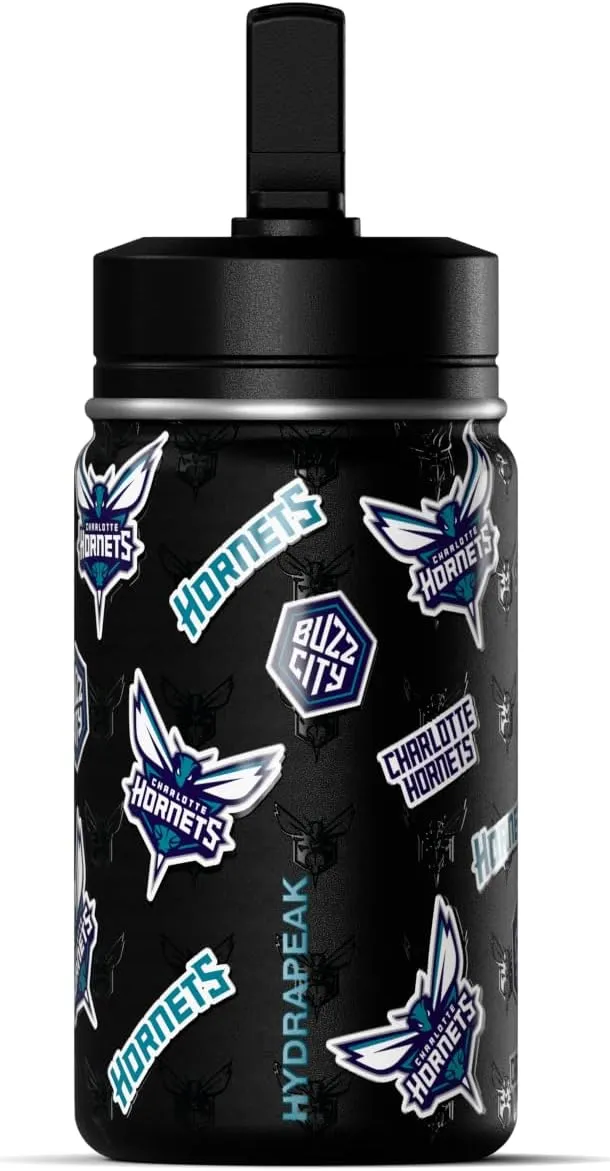 Hydrapeak x NBA Officially Licensed Charlotte Hornets 14oz Mini Kids Water Bottle with Straw Lid and Handle Reusable Stainless Steel Double Wall Insulated Spill Proof Sports Gift for Boys Girls