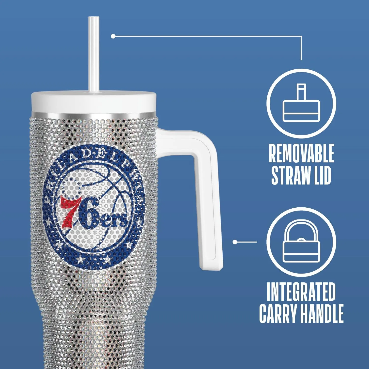 Hydrapeak x NBA Officially Licensed Philadelphia 76ers Voyager 40 oz Stainless Steel Bling Tumbler with Handle, Insulated Rhinestone Water Bottle With Straw & Lid, Includes Gift Box