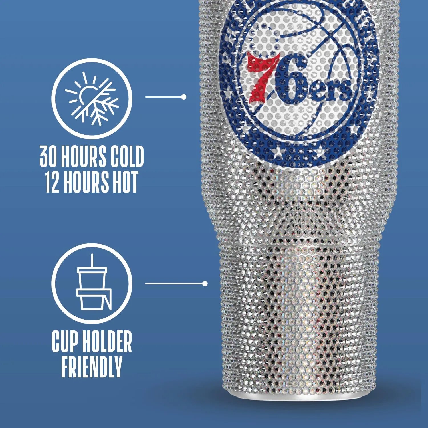 Hydrapeak x NBA Officially Licensed Philadelphia 76ers Voyager 40 oz Stainless Steel Bling Tumbler with Handle, Insulated Rhinestone Water Bottle With Straw & Lid, Includes Gift Box