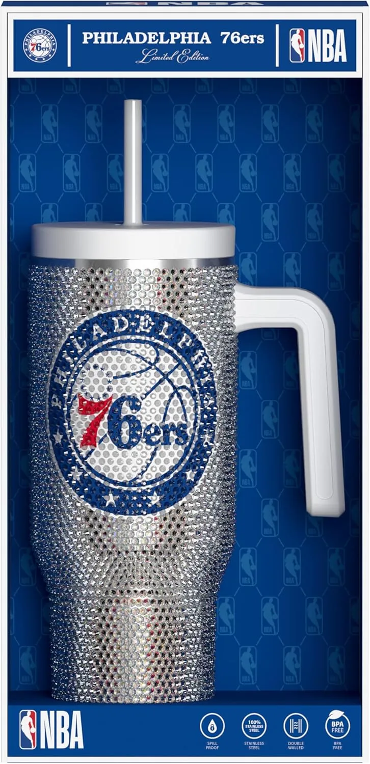 Hydrapeak x NBA Officially Licensed Philadelphia 76ers Voyager 40 oz Stainless Steel Bling Tumbler with Handle, Insulated Rhinestone Water Bottle With Straw & Lid, Includes Gift Box
