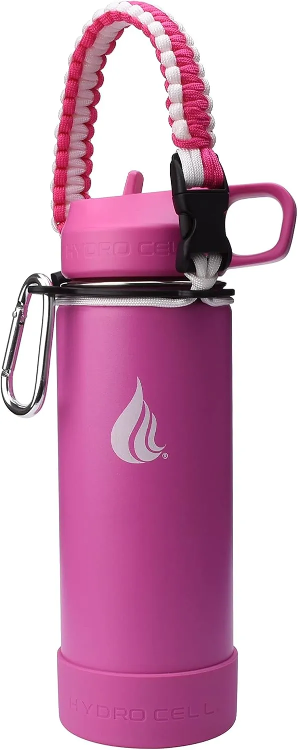 HYDRO CELL Stainless Steel Water Bottle w/Straw & Wide Mouth Lids (Fuchsia 18oz with Fuchsia Protective Silicone Bottom Boot, Fuchsia/White Paracord Handle and Fuchsia Sports Cap w/Straw)