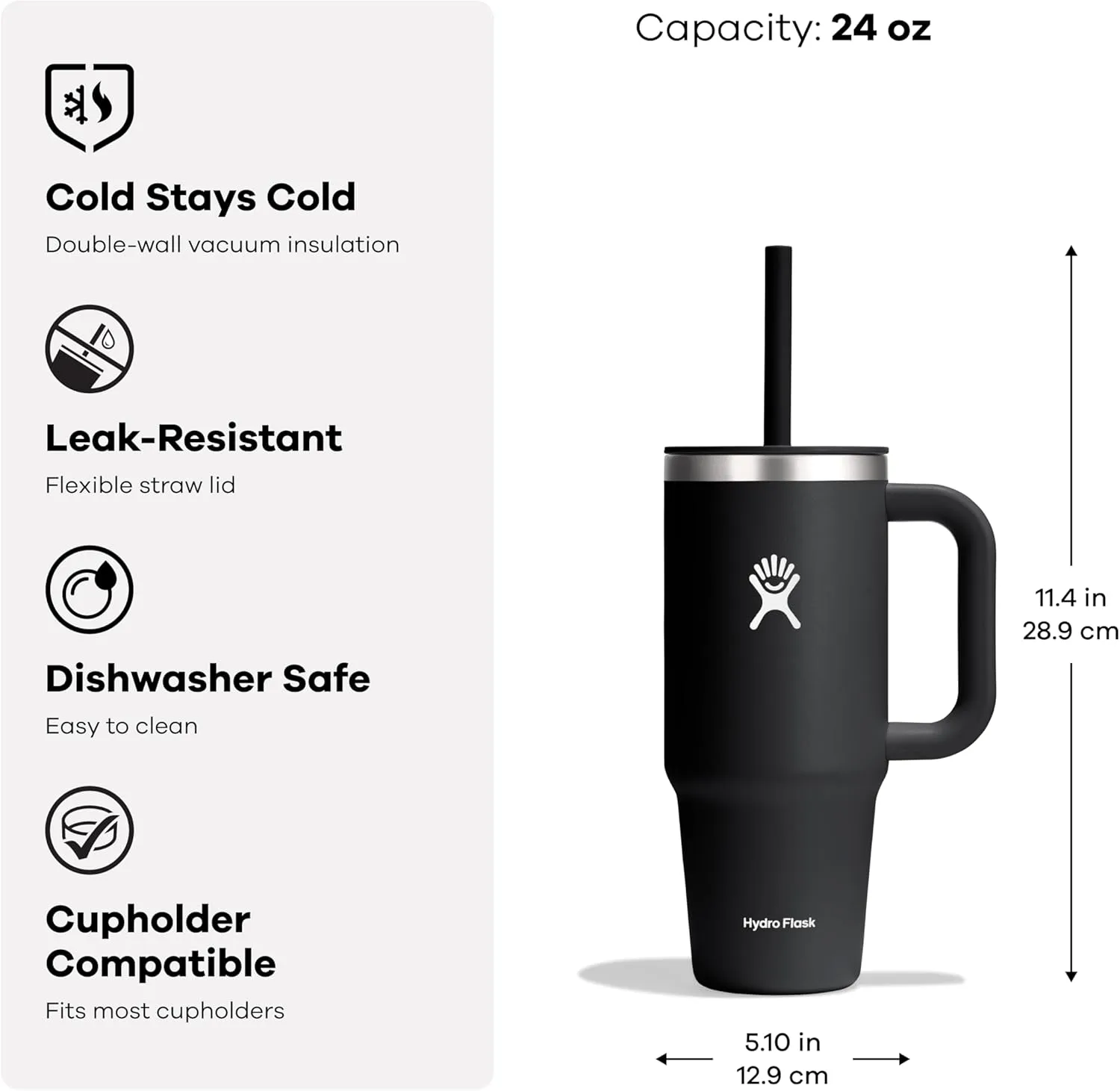 Hydro Flask 24 Oz Travel Tumbler with Handle, Lid and Straw - Insulated Stainless Steel in 24 Oz Black