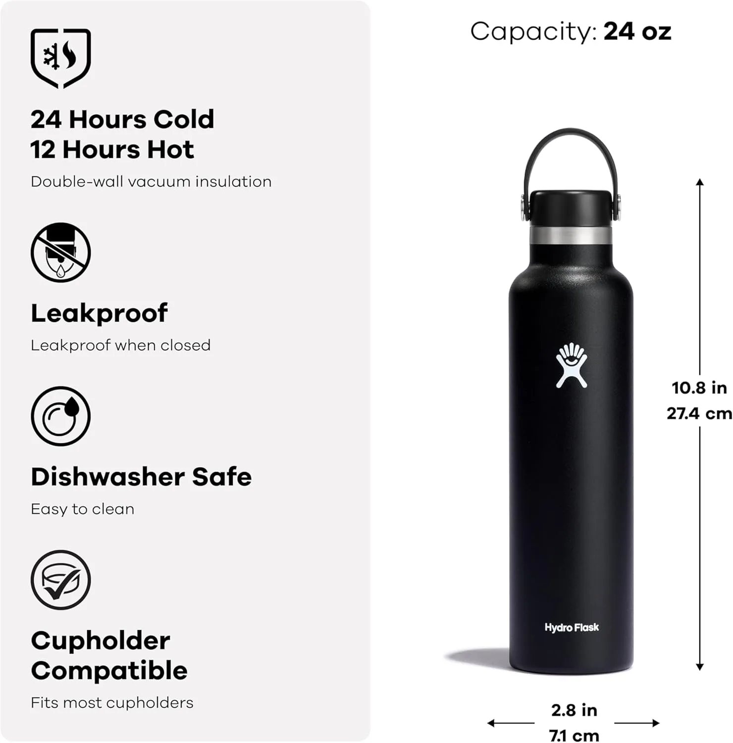 Hydro Flask Stainless Steel Standard Mouth Water Bottle with Flex Cap and Double-Wall Vacuum Insulation