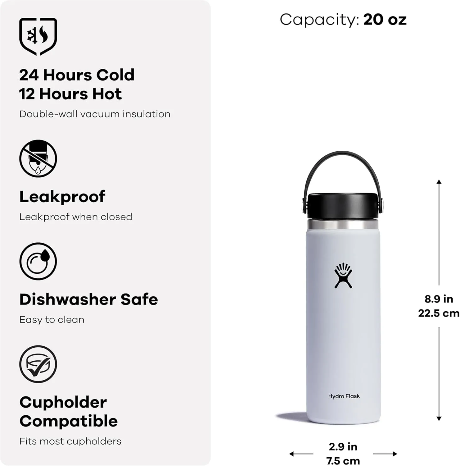 Hydro Flask Wide Mouth vacuum insulated stainless steel water bottle with leakproof closeable lid for cold water drinks, sports, travel, car and school