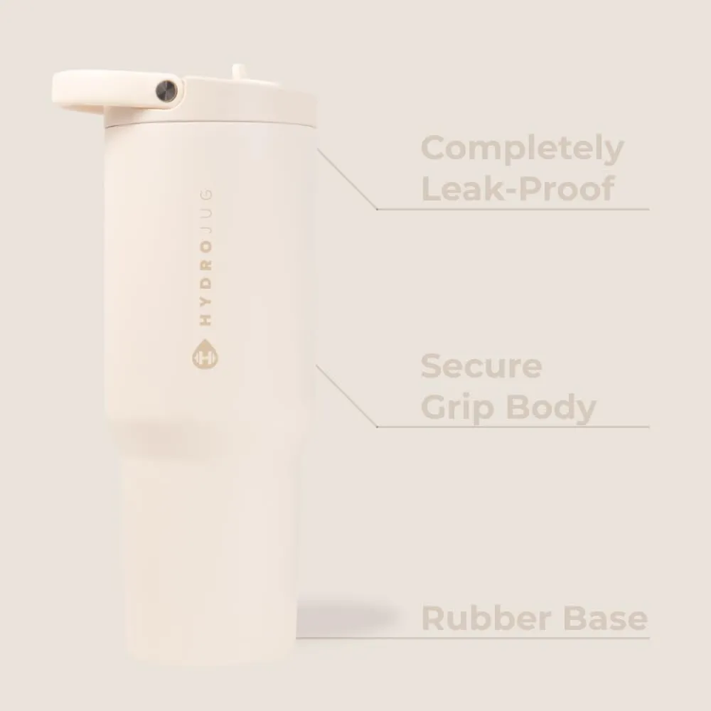 HydroJug Sport - Stainless Steel Tumbler with Straw, Vacuum Insulated, 40oz Leakproof Water Bottle, Ergonomic Design, Reusable, Dishwasher Safe, Rubber Base, Durable for Gym or Outdoors, Cream