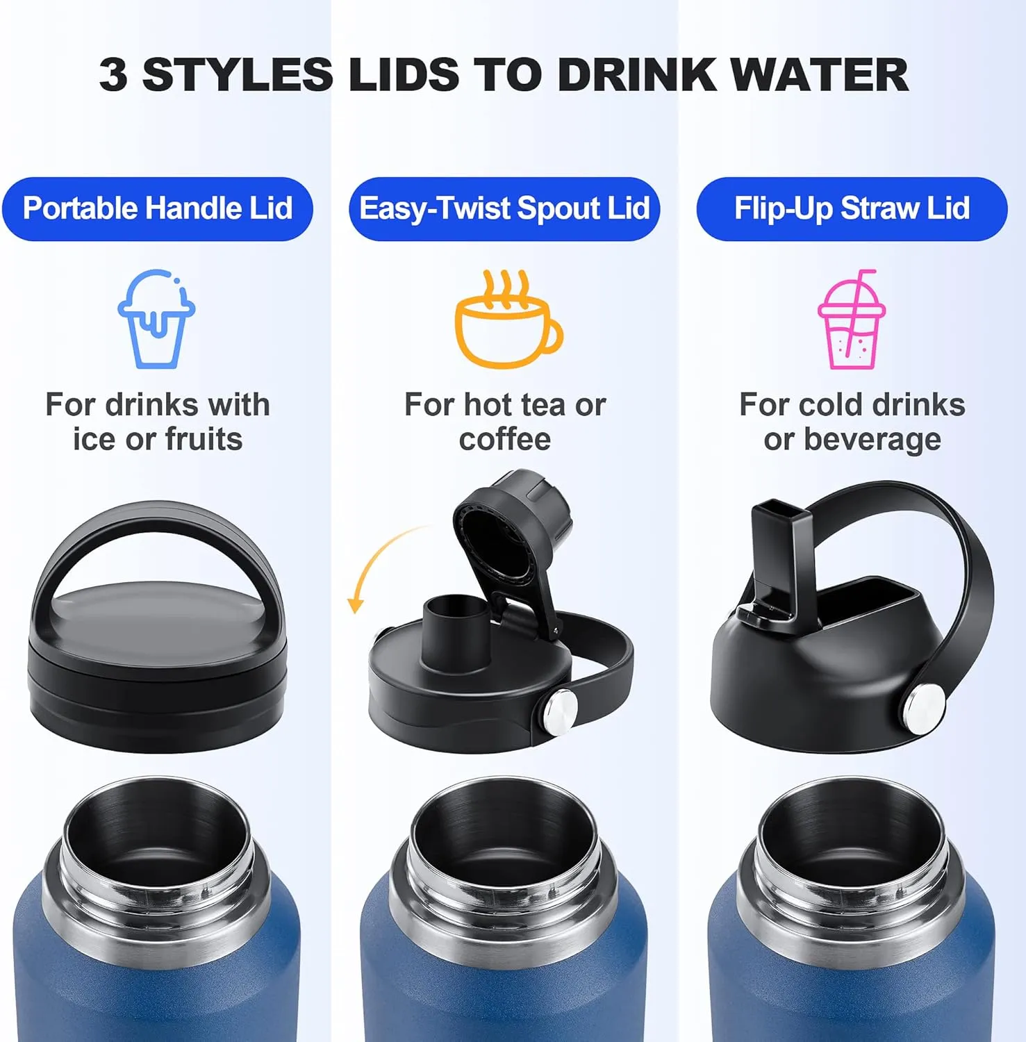 HYDROWION Stainless Steel Water Bottles,Insulated Water Bottle 40 oz (Cold 48 hrs, Hot 24 hrs), Water Tumbler with Leak Proof Straw Lid, Spout Lid and Flex Cap,Double Wall Travel Tumbler Cup, Mint