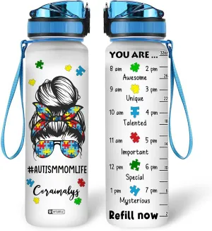 Hyturtle Personalized Autism Mom Life 32Oz Liter Motivational Water Bottle, Customized Name Water Bottle With Time Marker Support Autism Awareness Gifts For Women On Birthday Autism Day Mother's Day