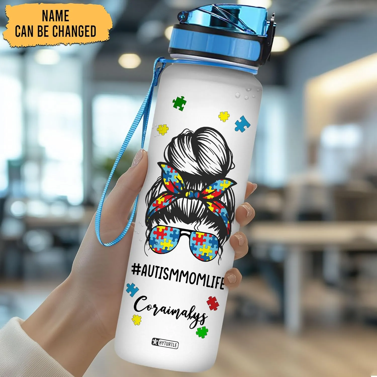 Hyturtle Personalized Autism Mom Life 32Oz Liter Motivational Water Bottle, Customized Name Water Bottle With Time Marker Support Autism Awareness Gifts For Women On Birthday Autism Day Mother's Day