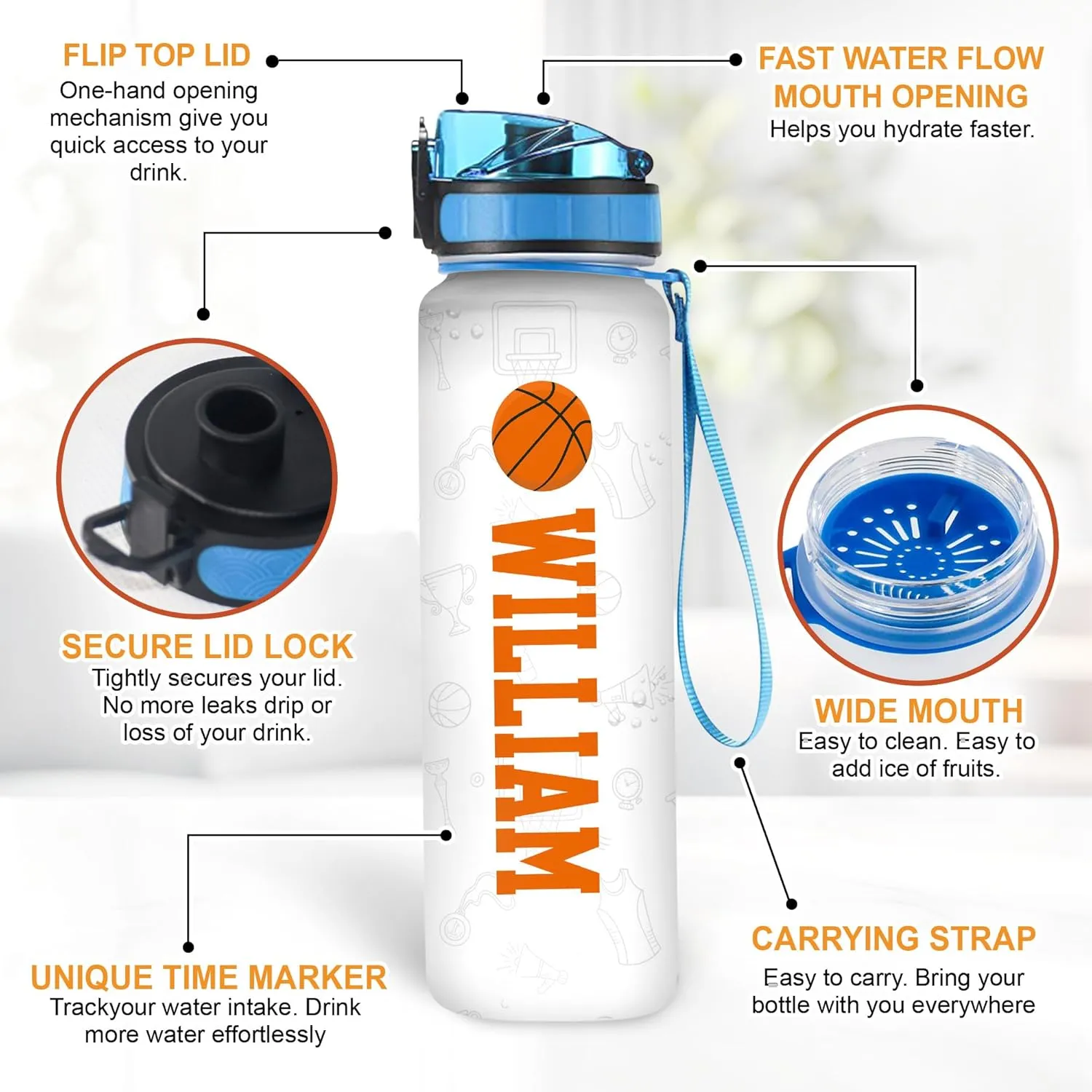 Hyturtle Personalized Basketball 32 Oz Motivational Water Bottle, Customized Name Water Bottle Gifts For Women Men Boys Basketball Lovers On Birthday Mother's Day Father's Day