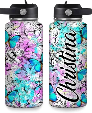 Hyturtle Personalized Butterfly Water Bottle - Custom Name Insulated Stainless Steel Bottle with Leak-Proof Lid 18oz 32oz - Animal Gift for Women Girls Butterfly Lovers - Birthday & Christmas Gift