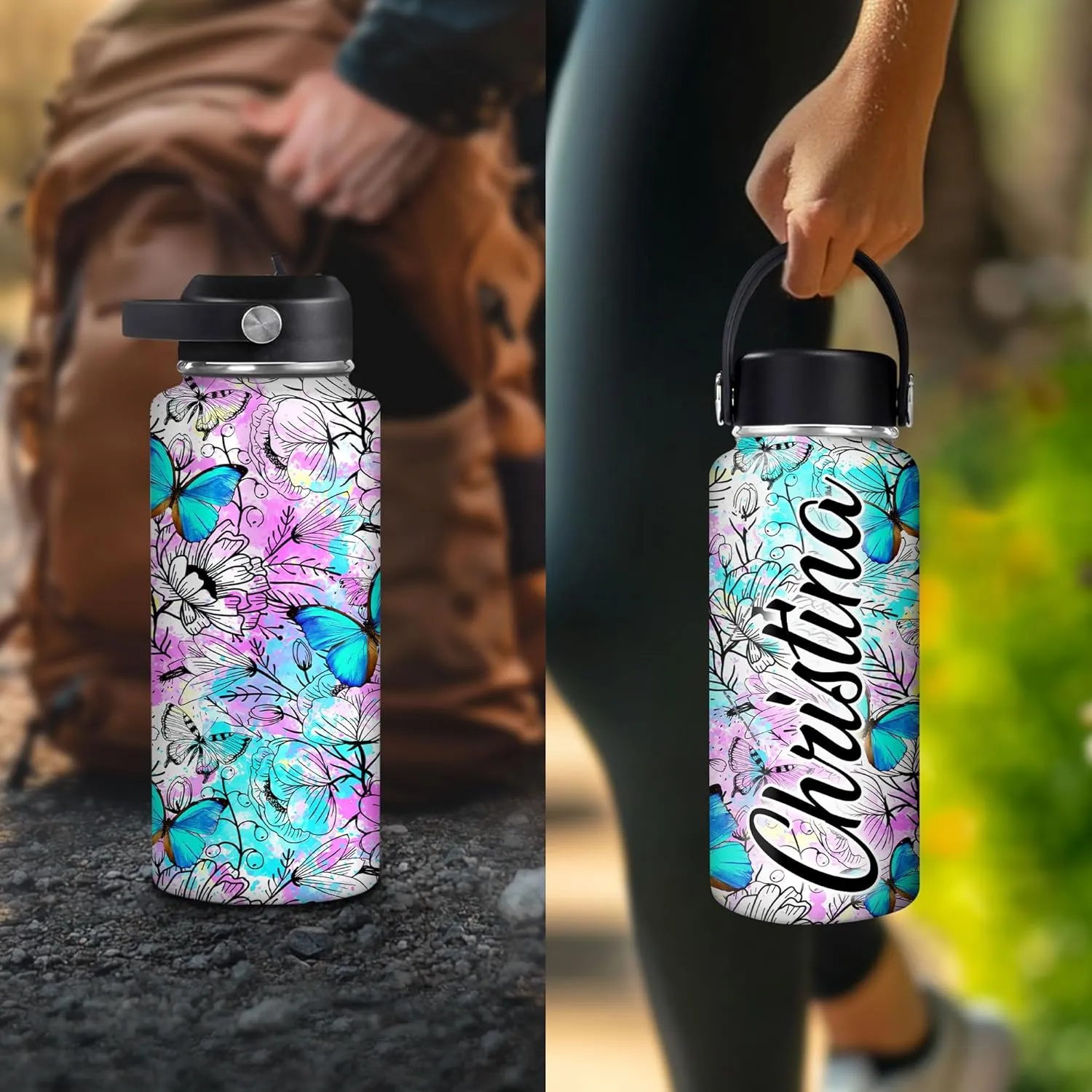 Hyturtle Personalized Butterfly Water Bottle - Custom Name Insulated Stainless Steel Bottle with Leak-Proof Lid 18oz 32oz - Animal Gift for Women Girls Butterfly Lovers - Birthday & Christmas Gift