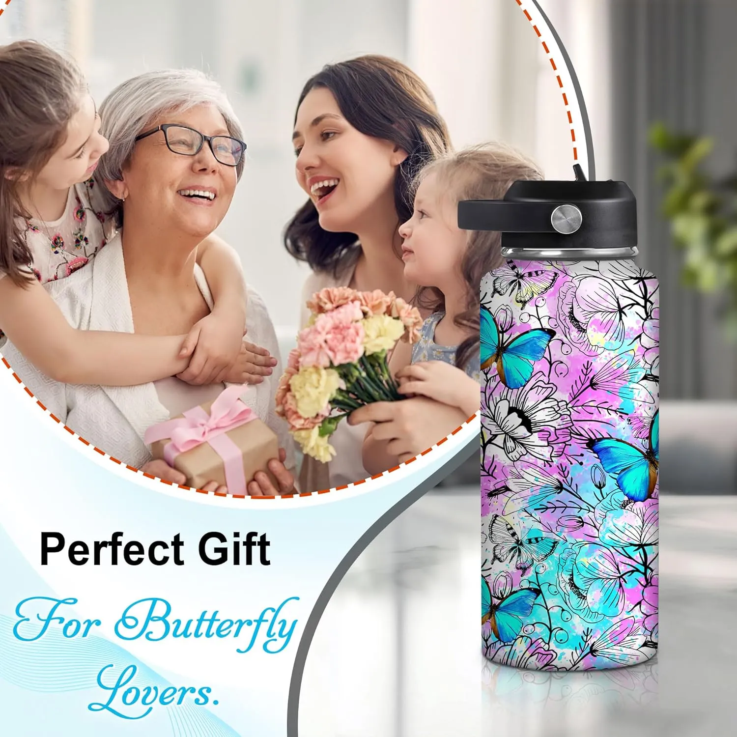Hyturtle Personalized Butterfly Water Bottle - Custom Name Insulated Stainless Steel Bottle with Leak-Proof Lid 18oz 32oz - Animal Gift for Women Girls Butterfly Lovers - Birthday & Christmas Gift
