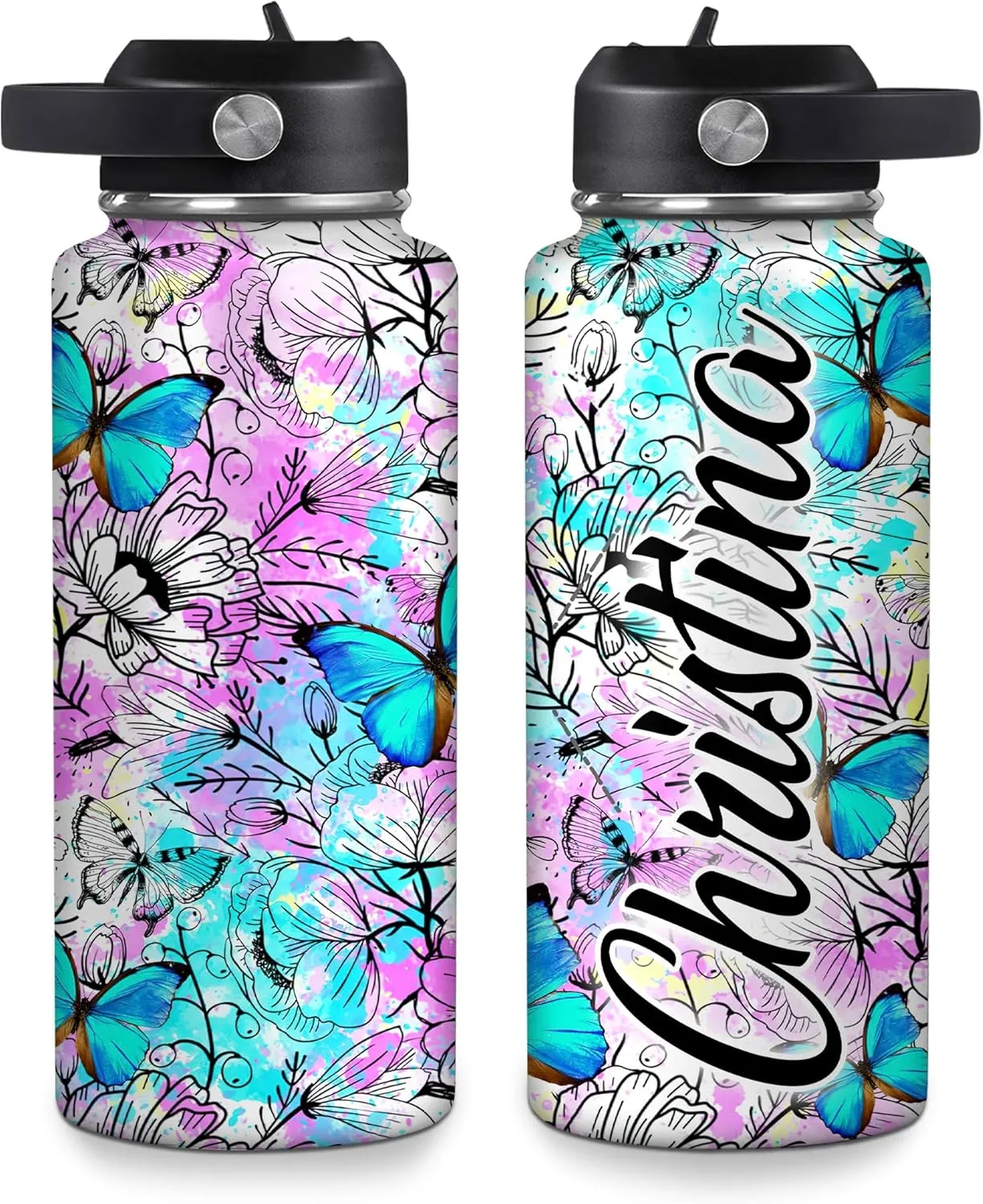 Hyturtle Personalized Butterfly Water Bottle - Custom Name Insulated Stainless Steel Bottle with Leak-Proof Lid 18oz 32oz - Animal Gift for Women Girls Butterfly Lovers - Birthday & Christmas Gift