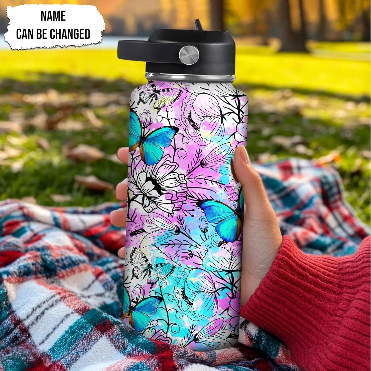 Hyturtle Personalized Butterfly Water Bottle - Custom Name Insulated Stainless Steel Bottle with Leak-Proof Lid 18oz 32oz - Animal Gift for Women Girls Butterfly Lovers - Birthday & Christmas Gift