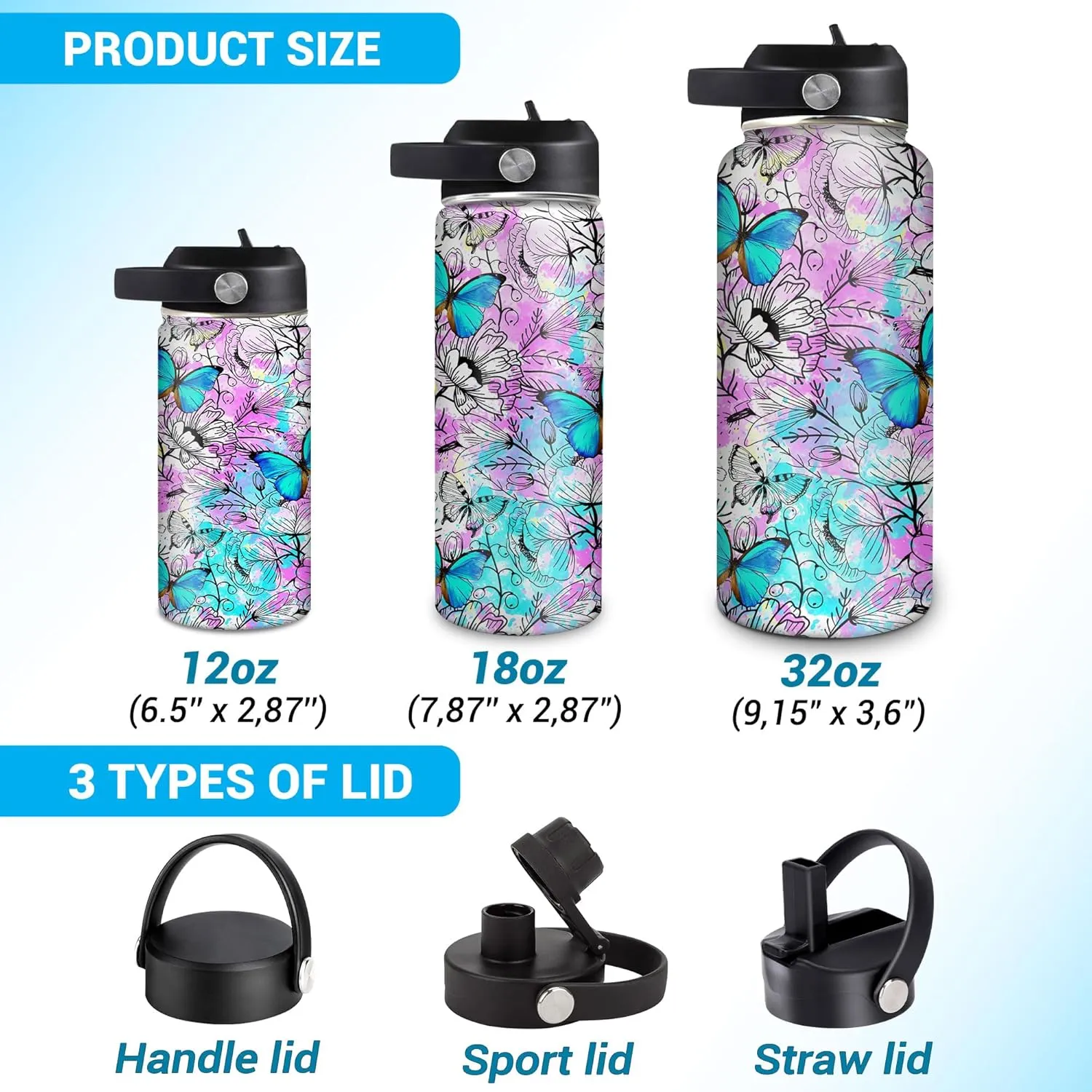 Hyturtle Personalized Butterfly Water Bottle - Custom Name Insulated Stainless Steel Bottle with Leak-Proof Lid 18oz 32oz - Animal Gift for Women Girls Butterfly Lovers - Birthday & Christmas Gift