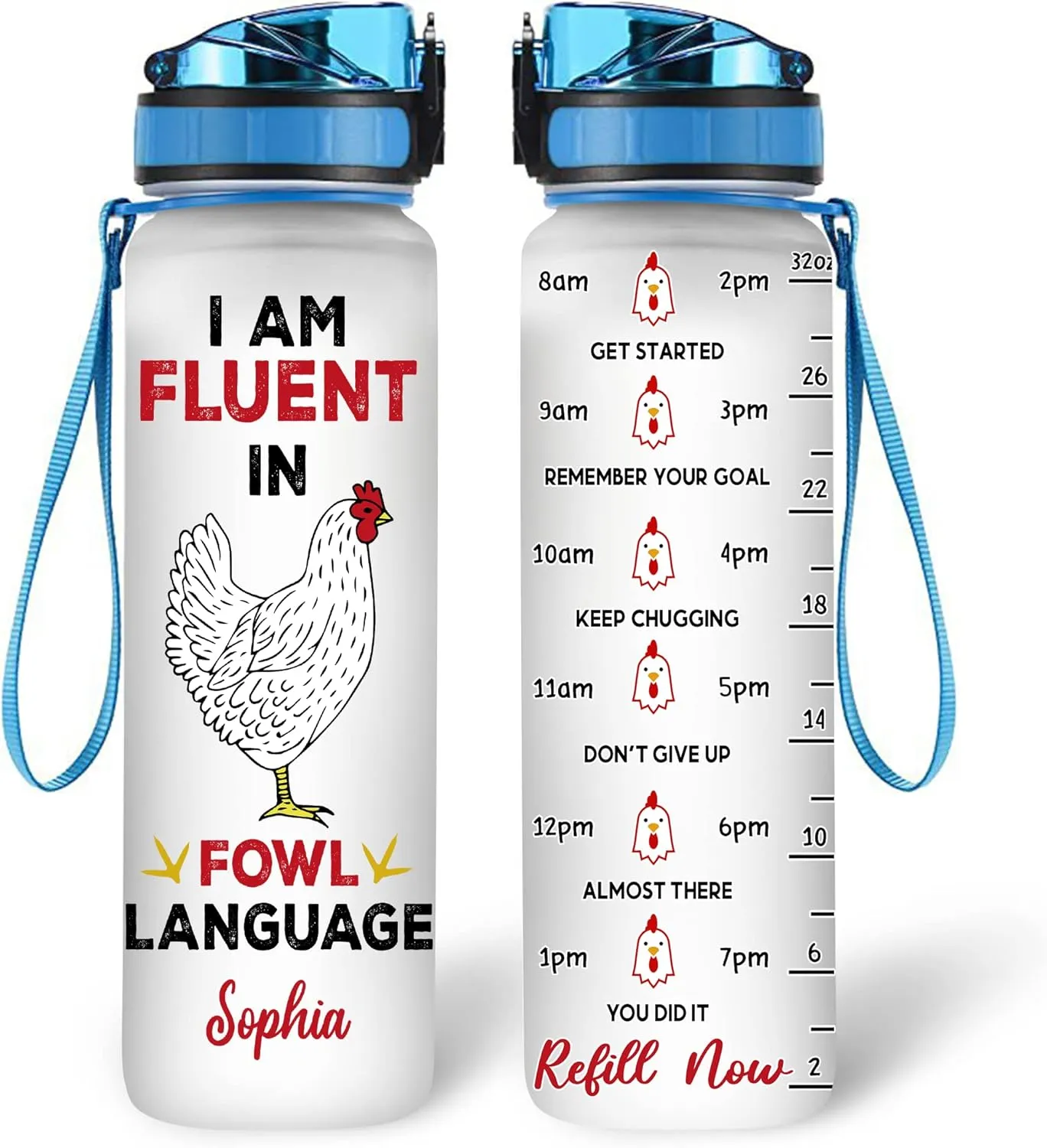 Hyturtle Personalized Chicken Gift For Women - I Am Fluent Fowl Language Customized Name 32oz 1Liter Motivational Water Bottle, Animal Farm lovers Gift For Mom Girl Women On Christmas, Birthday