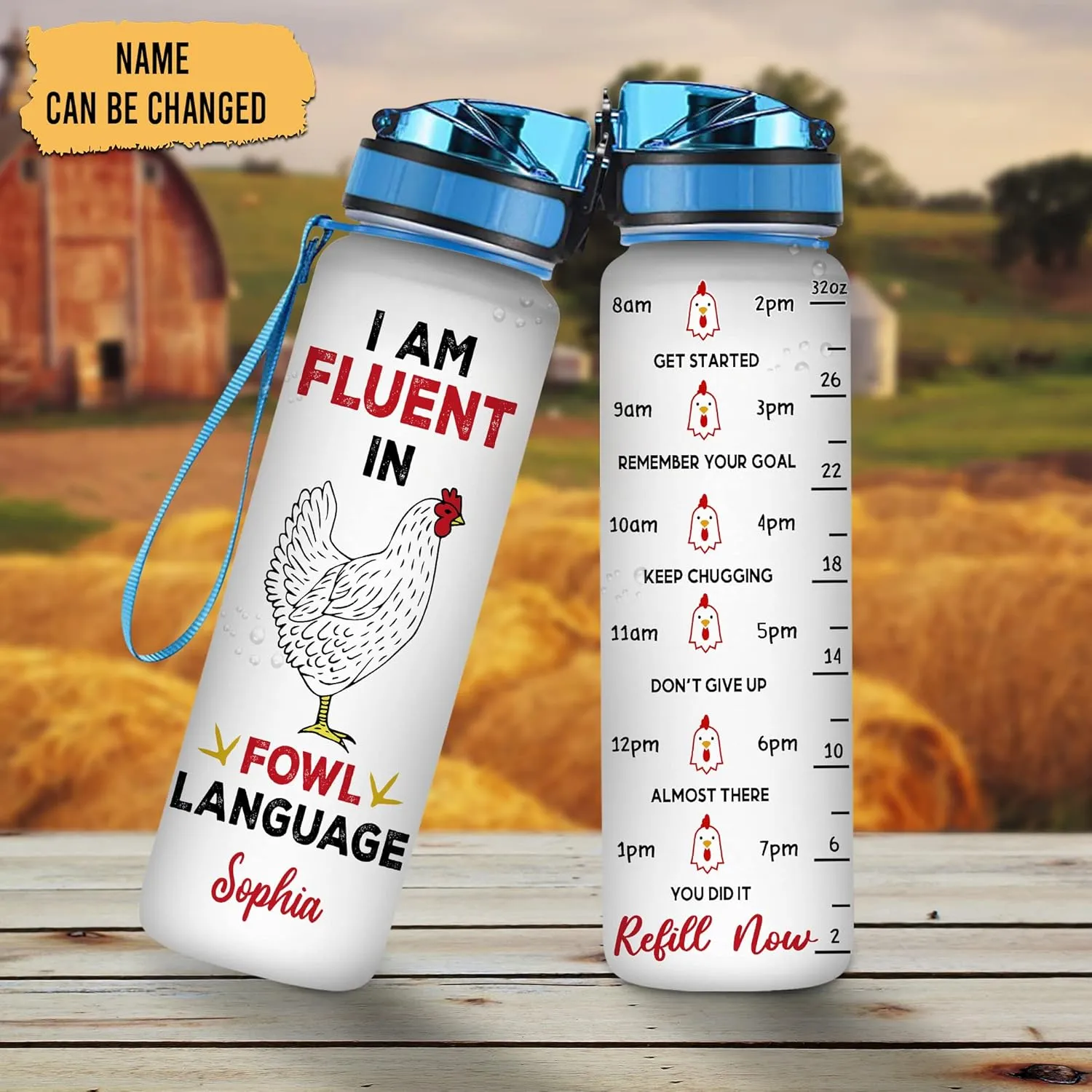 Hyturtle Personalized Chicken Gift For Women - I Am Fluent Fowl Language Customized Name 32oz 1Liter Motivational Water Bottle, Animal Farm lovers Gift For Mom Girl Women On Christmas, Birthday