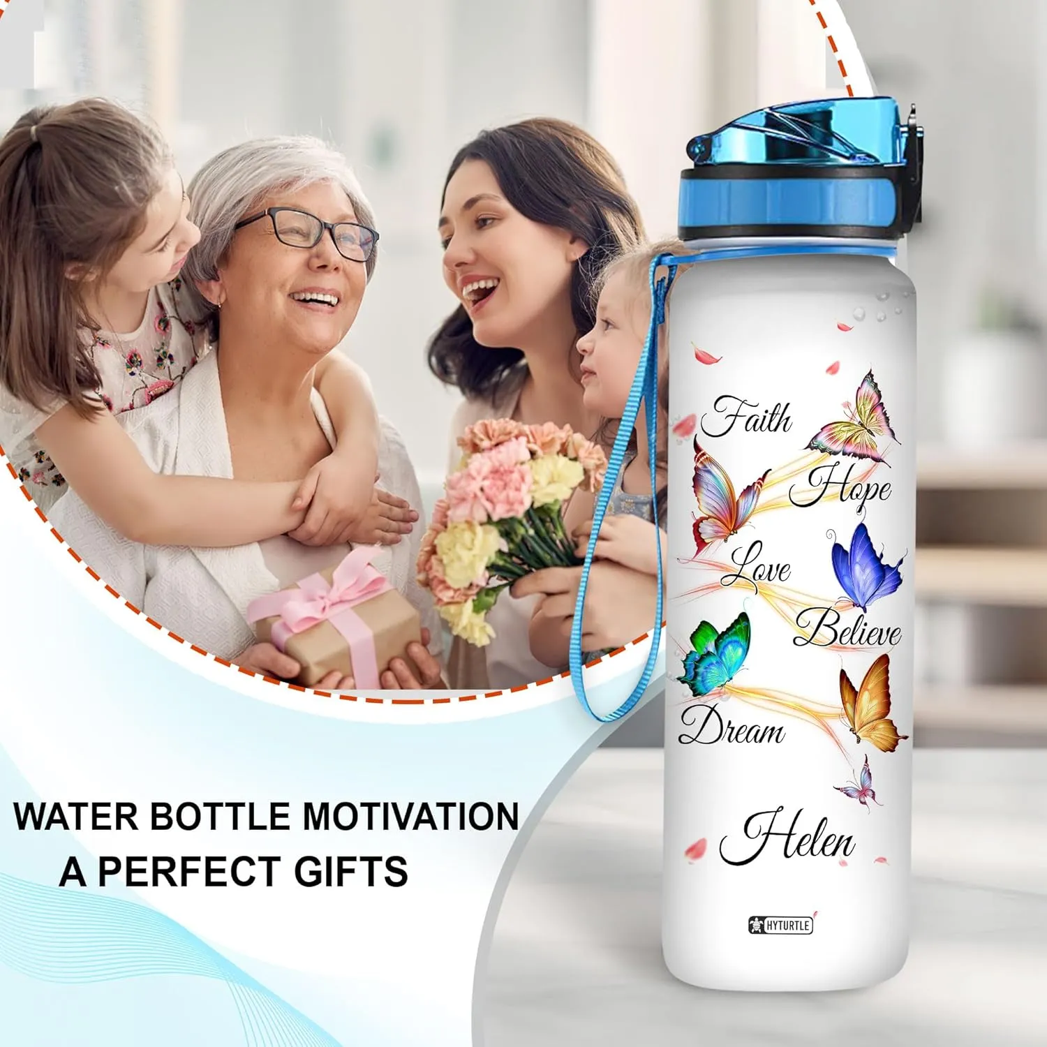 Hyturtle Personalized Faith Hope Love Believe Dream Butterfly 32oz Liter Motivational Water Bottle, Customized Name Tracking Water Bottle Gifts For Women, Butterfly Lovers On Birthday, Mother's Day
