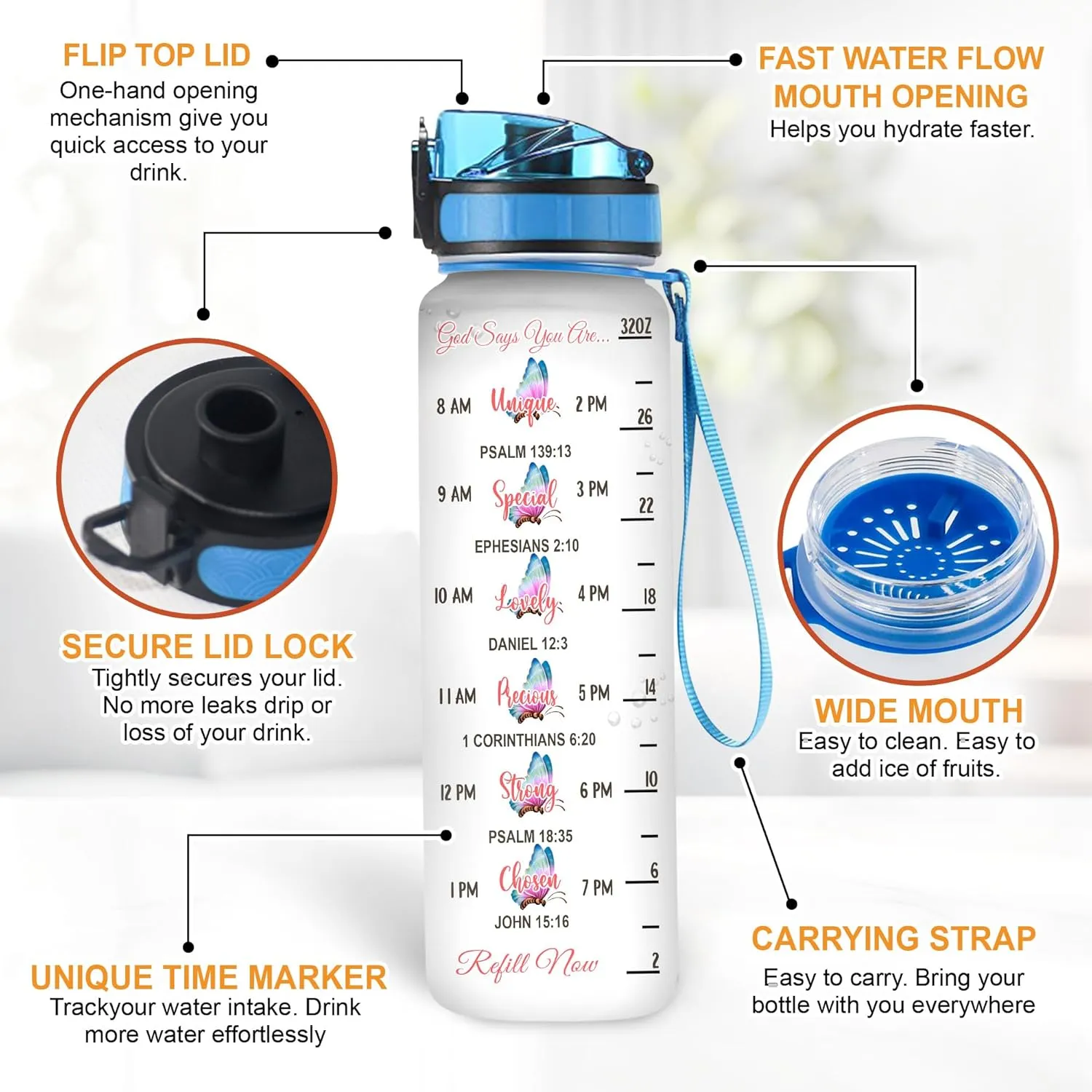 Hyturtle Personalized Faith Hope Love Believe Dream Butterfly 32oz Liter Motivational Water Bottle, Customized Name Tracking Water Bottle Gifts For Women, Butterfly Lovers On Birthday, Mother's Day