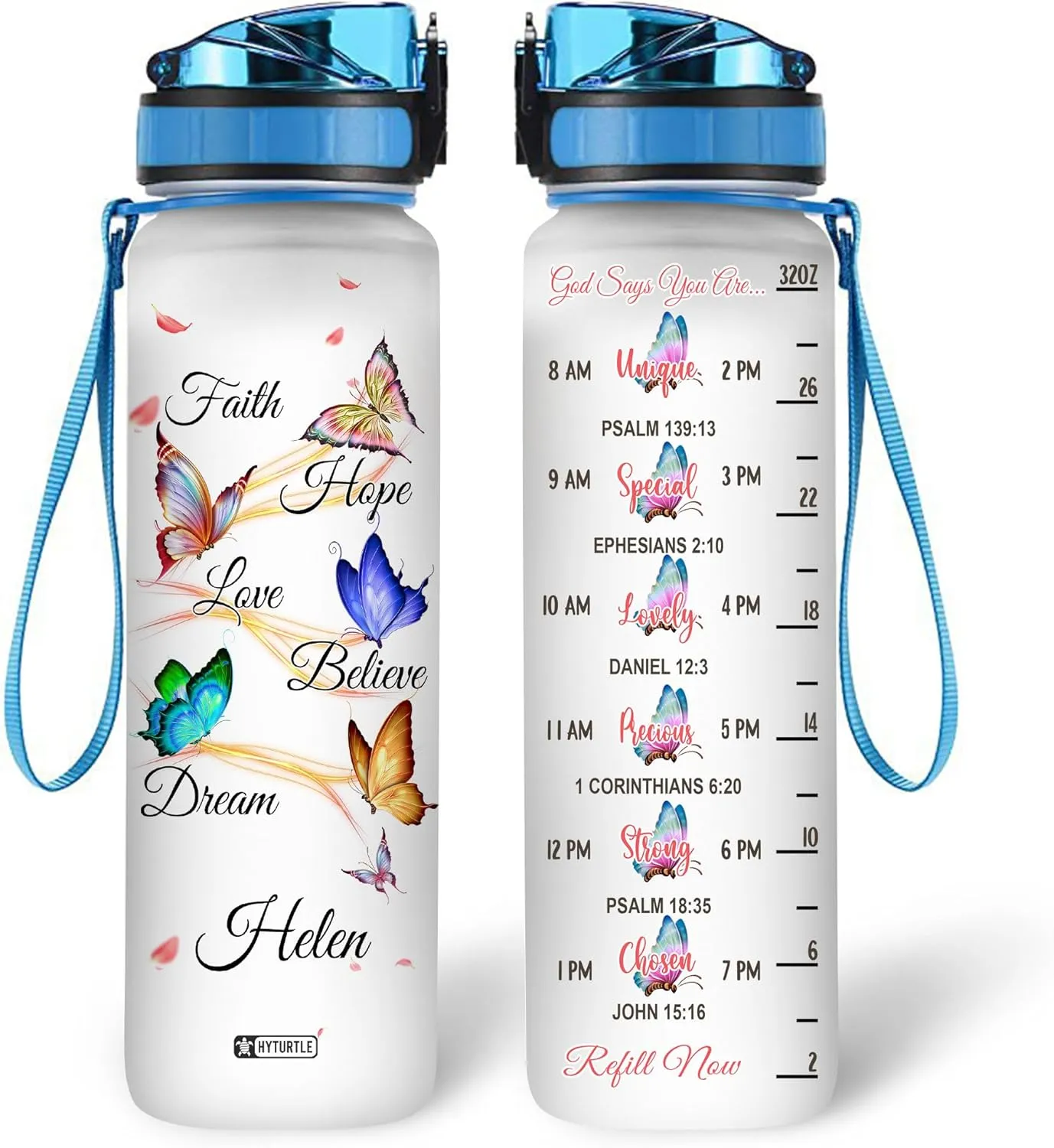 Hyturtle Personalized Faith Hope Love Believe Dream Butterfly 32oz Liter Motivational Water Bottle, Customized Name Tracking Water Bottle Gifts For Women, Butterfly Lovers On Birthday, Mother's Day