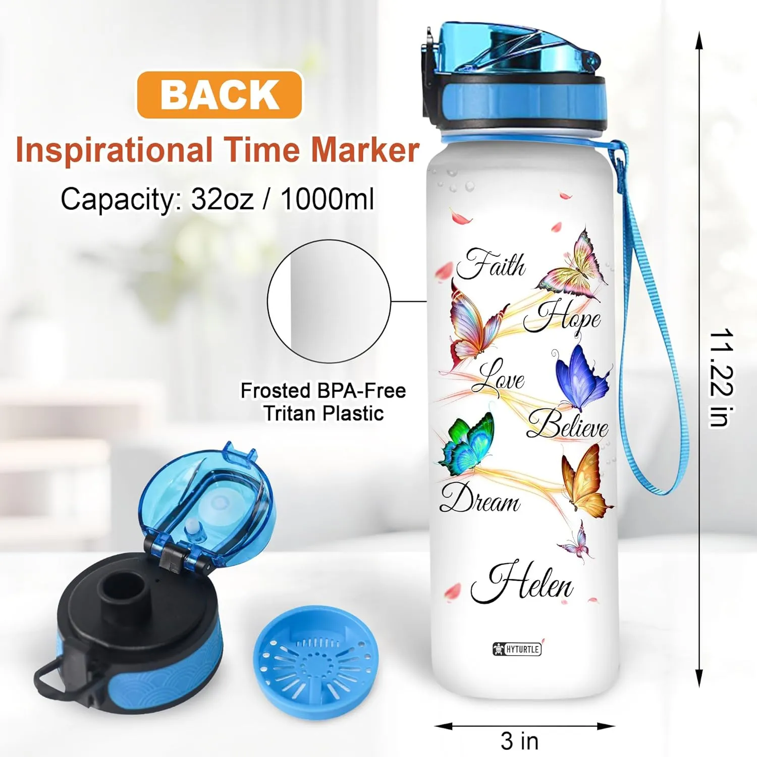 Hyturtle Personalized Faith Hope Love Believe Dream Butterfly 32oz Liter Motivational Water Bottle, Customized Name Tracking Water Bottle Gifts For Women, Butterfly Lovers On Birthday, Mother's Day