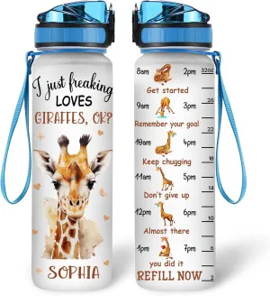 Hyturtle Personalized Giraffe Gifts For Women - I Just Freaking Loves Giraffes Customized Name 32oz 1Liter Motivational Water Bottle, Yoga Lovers Gift For Mom Girl Women On Christmas, Birthday