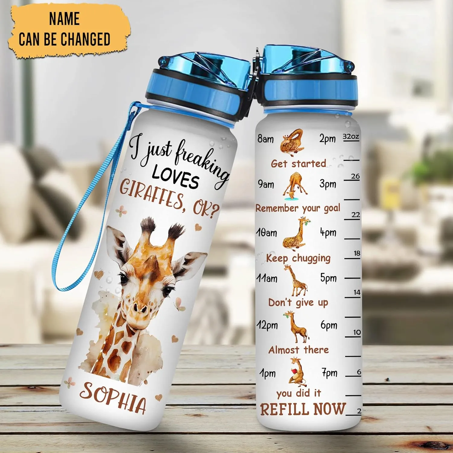 Hyturtle Personalized Giraffe Gifts For Women - I Just Freaking Loves Giraffes Customized Name 32oz 1Liter Motivational Water Bottle, Yoga Lovers Gift For Mom Girl Women On Christmas, Birthday