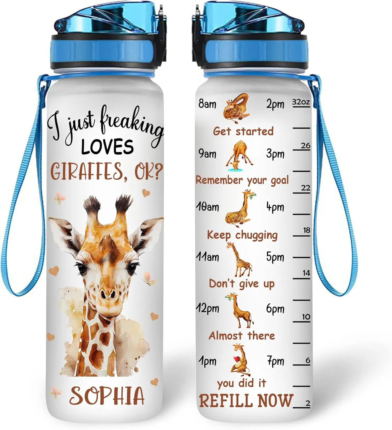 Hyturtle Personalized Giraffe Gifts For Women - I Just Freaking Loves Giraffes Customized Name 32oz 1Liter Motivational Water Bottle, Yoga Lovers Gift For Mom Girl Women On Christmas, Birthday