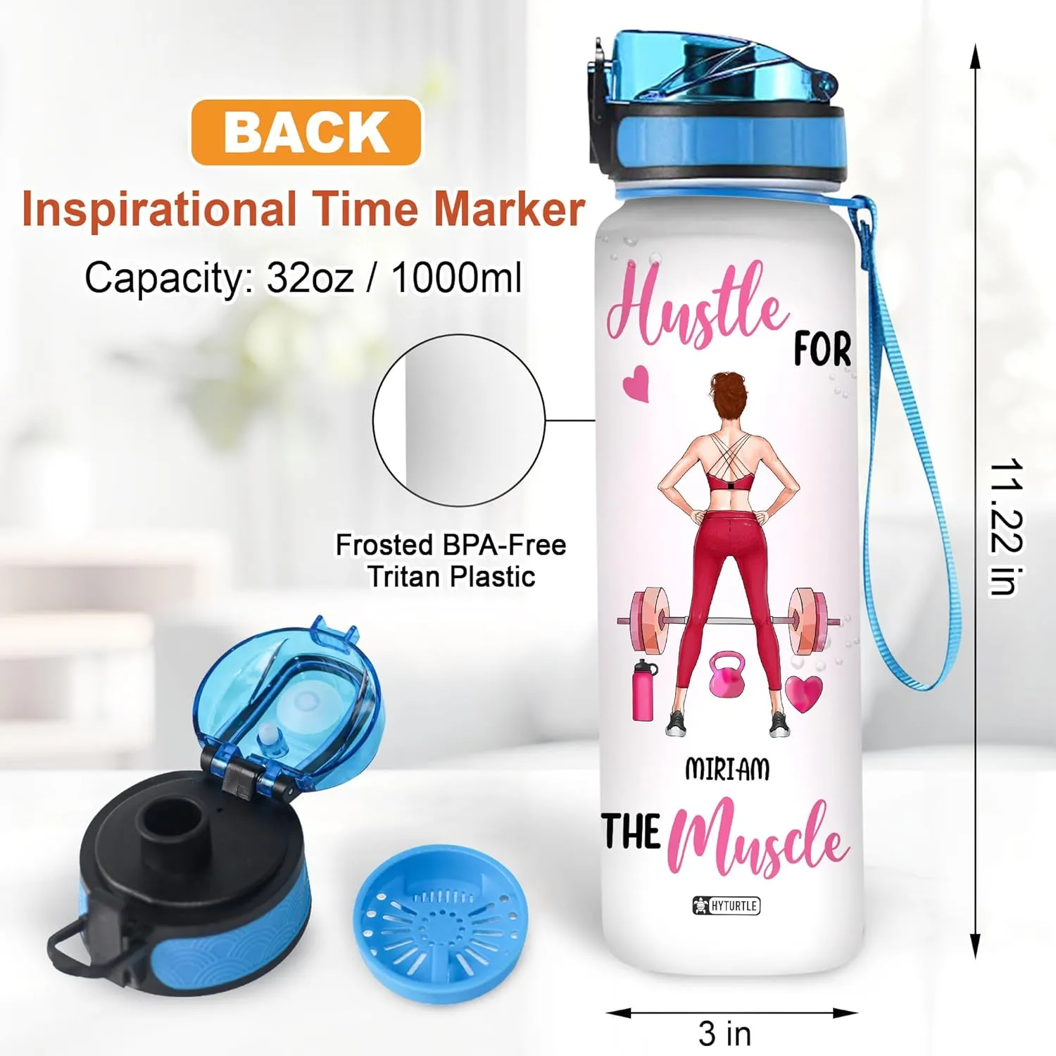 Hyturtle Personalized Hustle For The Muscle Fitness 32Oz Liter Motivational Water Bottle, Customized Name With Time Marker, Gifts For Women, Girls, Gifts For Gym Lovers On Birthday Mother's Day