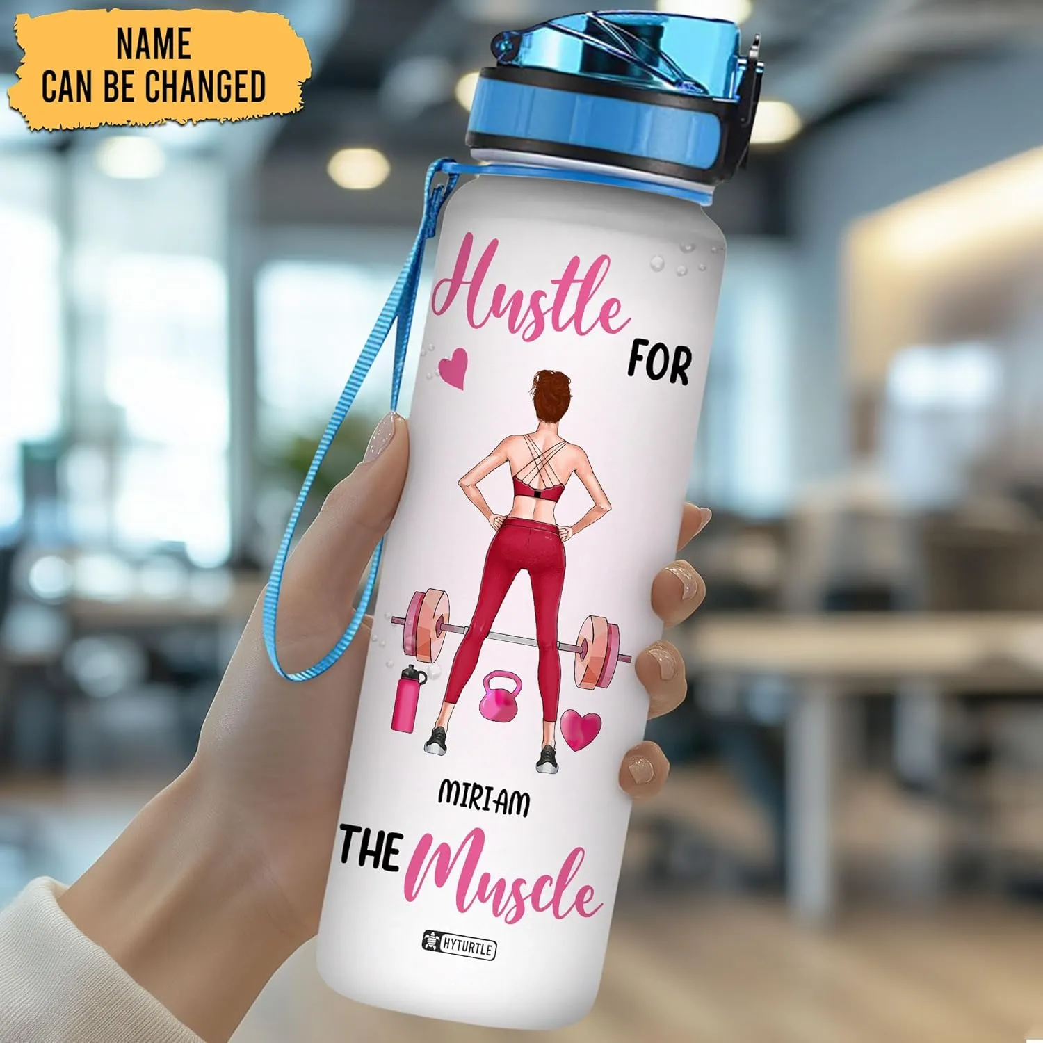 Hyturtle Personalized Hustle For The Muscle Fitness 32Oz Liter Motivational Water Bottle, Customized Name With Time Marker, Gifts For Women, Girls, Gifts For Gym Lovers On Birthday Mother's Day