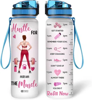 Hyturtle Personalized Hustle For The Muscle Fitness 32Oz Liter Motivational Water Bottle, Customized Name With Time Marker, Gifts For Women, Girls, Gifts For Gym Lovers On Birthday Mother's Day