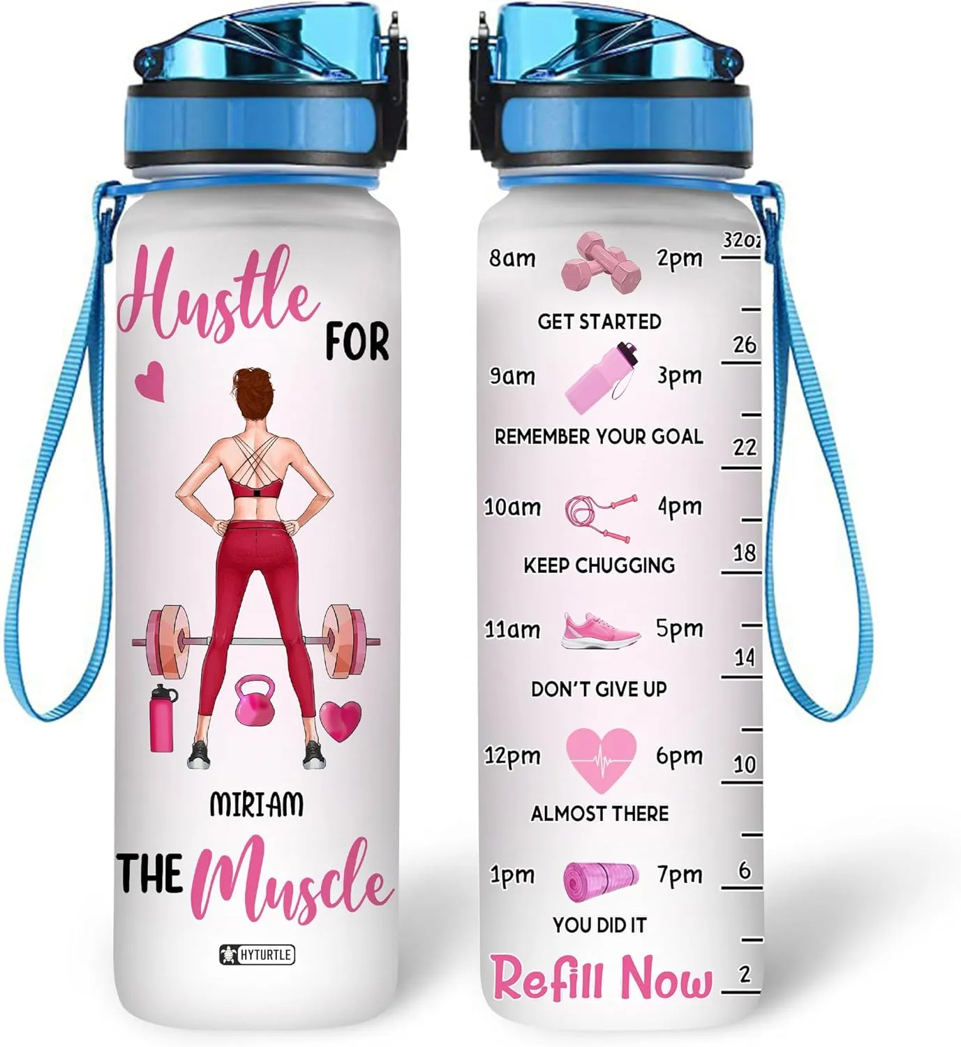 Hyturtle Personalized Hustle For The Muscle Fitness 32Oz Liter Motivational Water Bottle, Customized Name With Time Marker, Gifts For Women, Girls, Gifts For Gym Lovers On Birthday Mother's Day