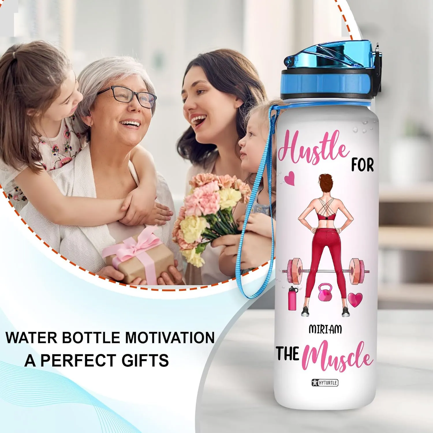 Hyturtle Personalized Hustle For The Muscle Fitness 32Oz Liter Motivational Water Bottle, Customized Name With Time Marker, Gifts For Women, Girls, Gifts For Gym Lovers On Birthday Mother's Day