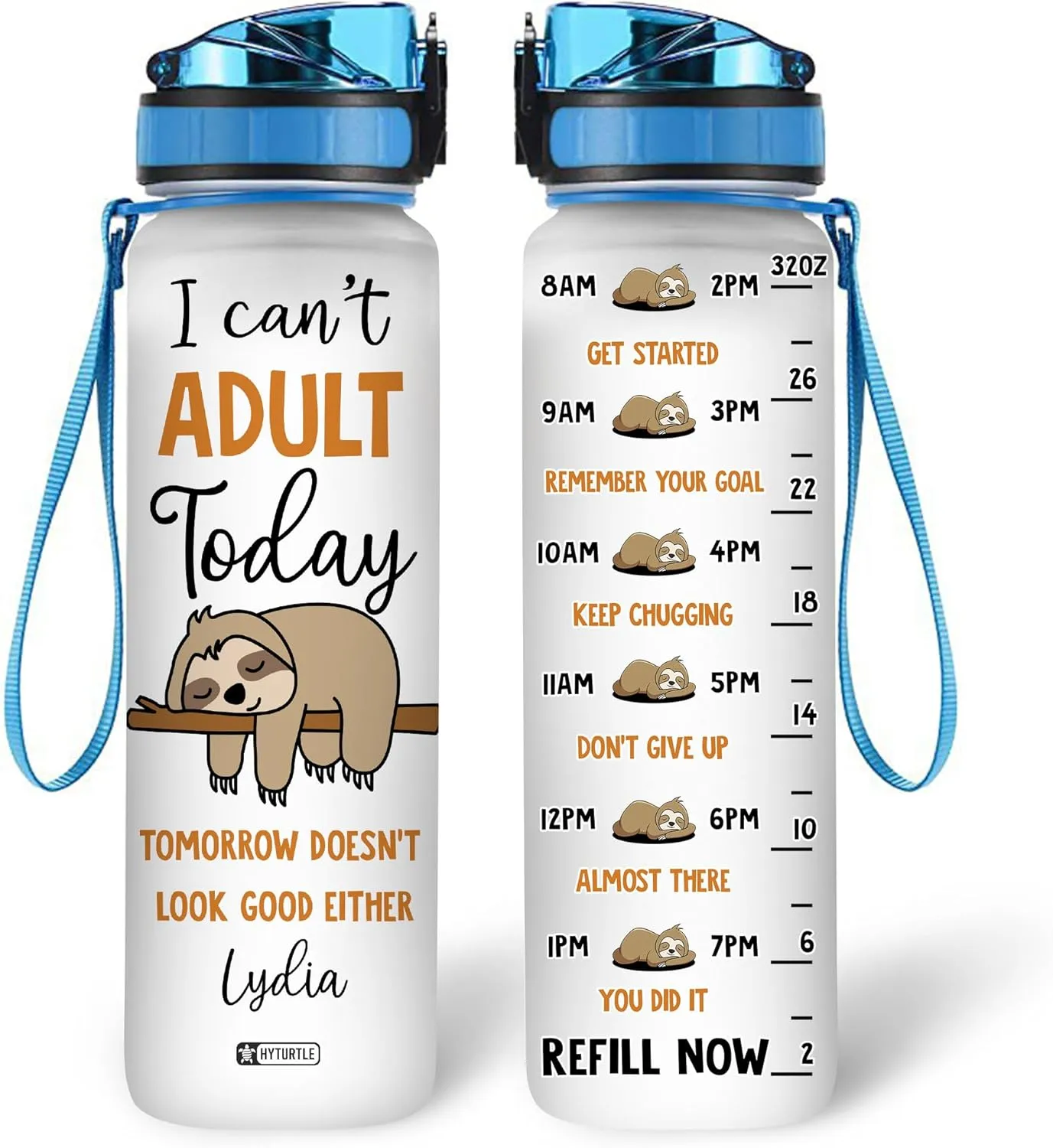 Hyturtle Personalized I Can't Adult Today Sloth 32oz Liter Motivational Water Bottle, Customized Name Tracking Water Bottle Gifts For Women, Friend, Teen, Sloth Lover On Birthday, Mother's Day