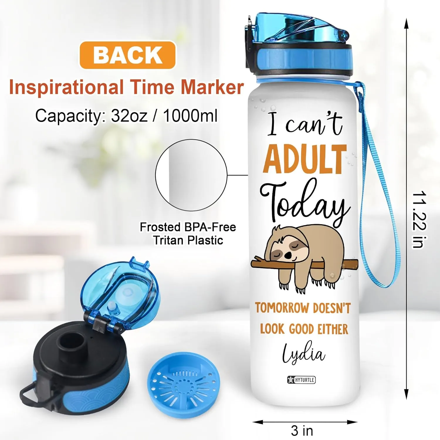 Hyturtle Personalized I Can't Adult Today Sloth 32oz Liter Motivational Water Bottle, Customized Name Tracking Water Bottle Gifts For Women, Friend, Teen, Sloth Lover On Birthday, Mother's Day