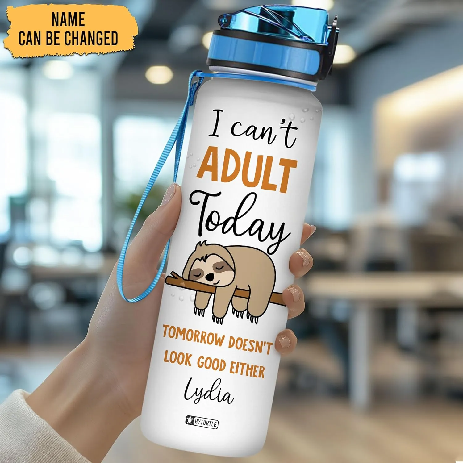 Hyturtle Personalized I Can't Adult Today Sloth 32oz Liter Motivational Water Bottle, Customized Name Tracking Water Bottle Gifts For Women, Friend, Teen, Sloth Lover On Birthday, Mother's Day