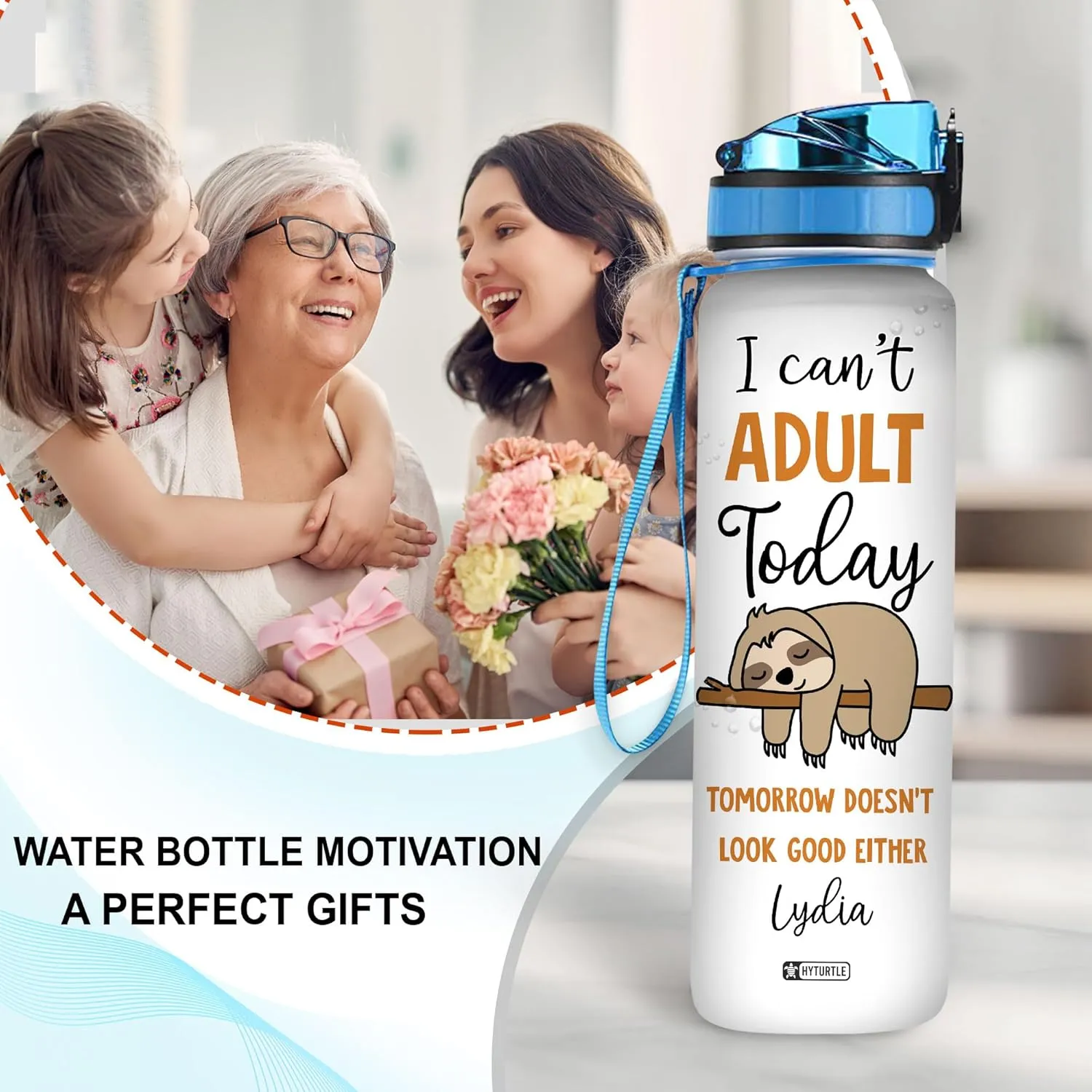 Hyturtle Personalized I Can't Adult Today Sloth 32oz Liter Motivational Water Bottle, Customized Name Tracking Water Bottle Gifts For Women, Friend, Teen, Sloth Lover On Birthday, Mother's Day