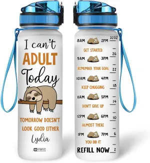 Hyturtle Personalized I Can't Adult Today Sloth 32oz Liter Motivational Water Bottle, Customized Name Tracking Water Bottle Gifts For Women, Friend, Teen, Sloth Lover On Birthday, Mother's Day
