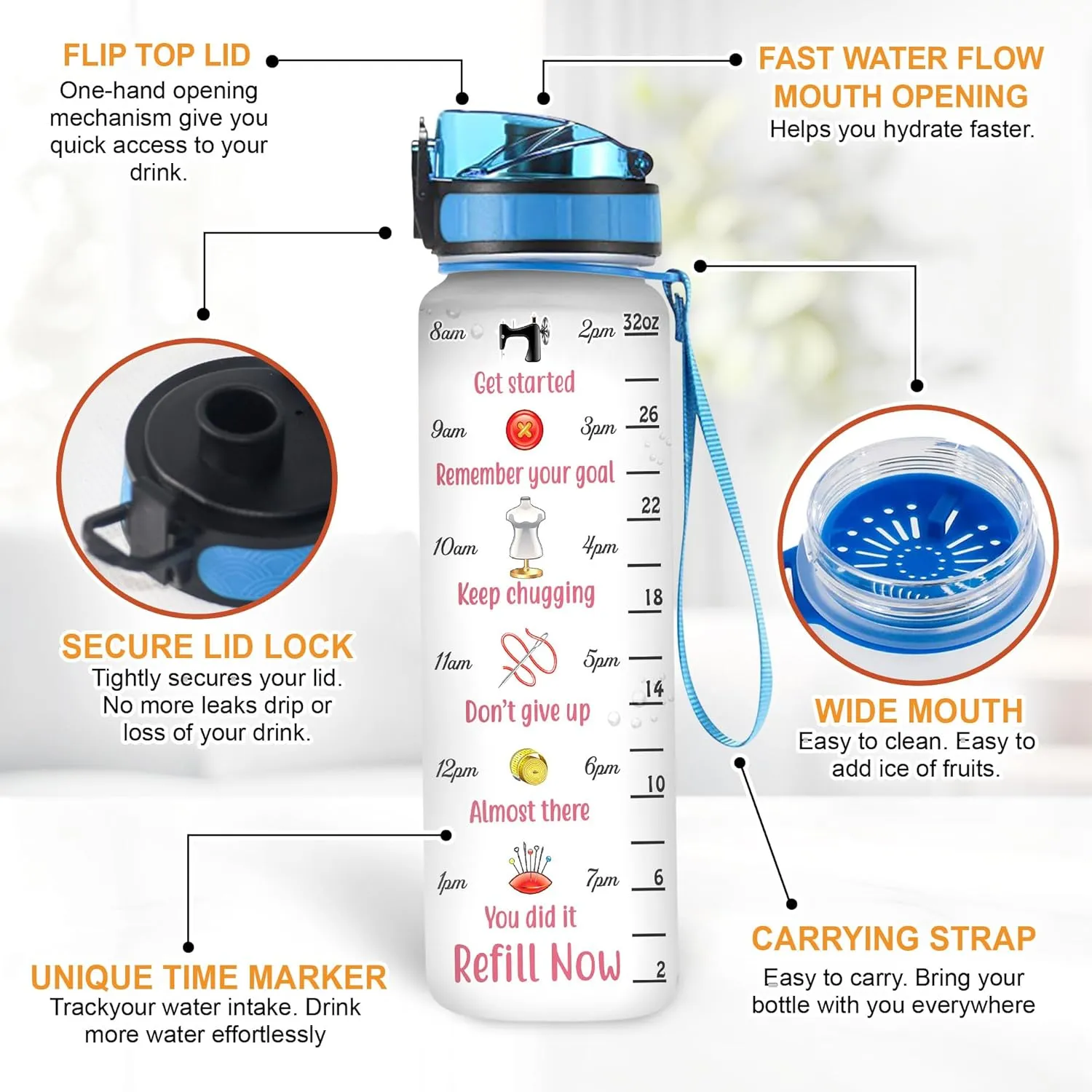 Hyturtle Personalized I Sew A Piece Of My Heart Into Every Quilt I Make 32Oz Liter Motivational Water Bottle, Customized Name With Time Marker, Gifts For Women Girls Sewers Sewing Lovers On Birthday