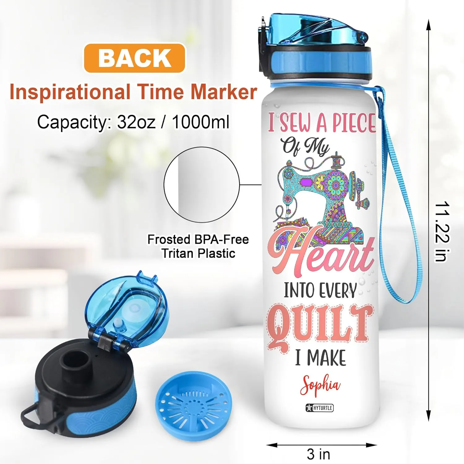 Hyturtle Personalized I Sew A Piece Of My Heart Into Every Quilt I Make 32Oz Liter Motivational Water Bottle, Customized Name With Time Marker, Gifts For Women Girls Sewers Sewing Lovers On Birthday