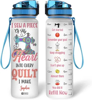 Hyturtle Personalized I Sew A Piece Of My Heart Into Every Quilt I Make 32Oz Liter Motivational Water Bottle, Customized Name With Time Marker, Gifts For Women Girls Sewers Sewing Lovers On Birthday