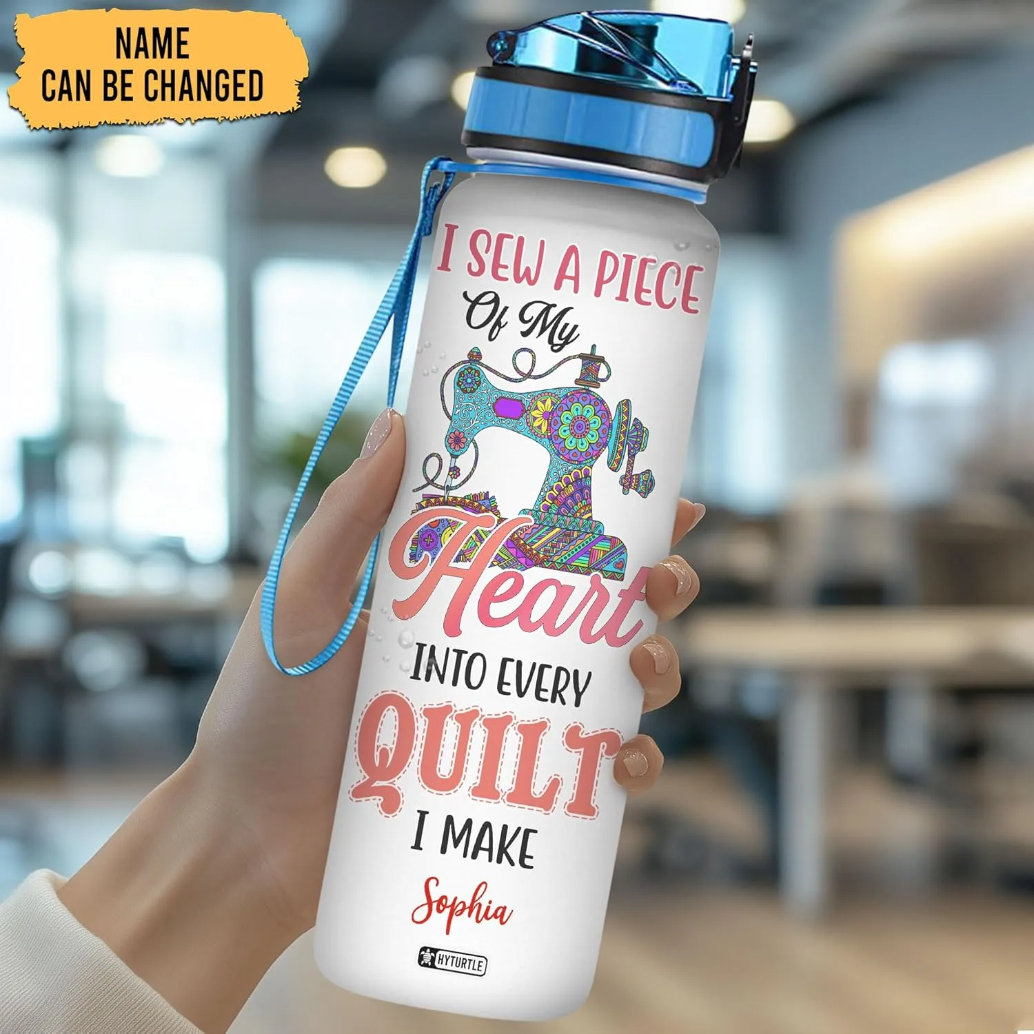 Hyturtle Personalized I Sew A Piece Of My Heart Into Every Quilt I Make 32Oz Liter Motivational Water Bottle, Customized Name With Time Marker, Gifts For Women Girls Sewers Sewing Lovers On Birthday
