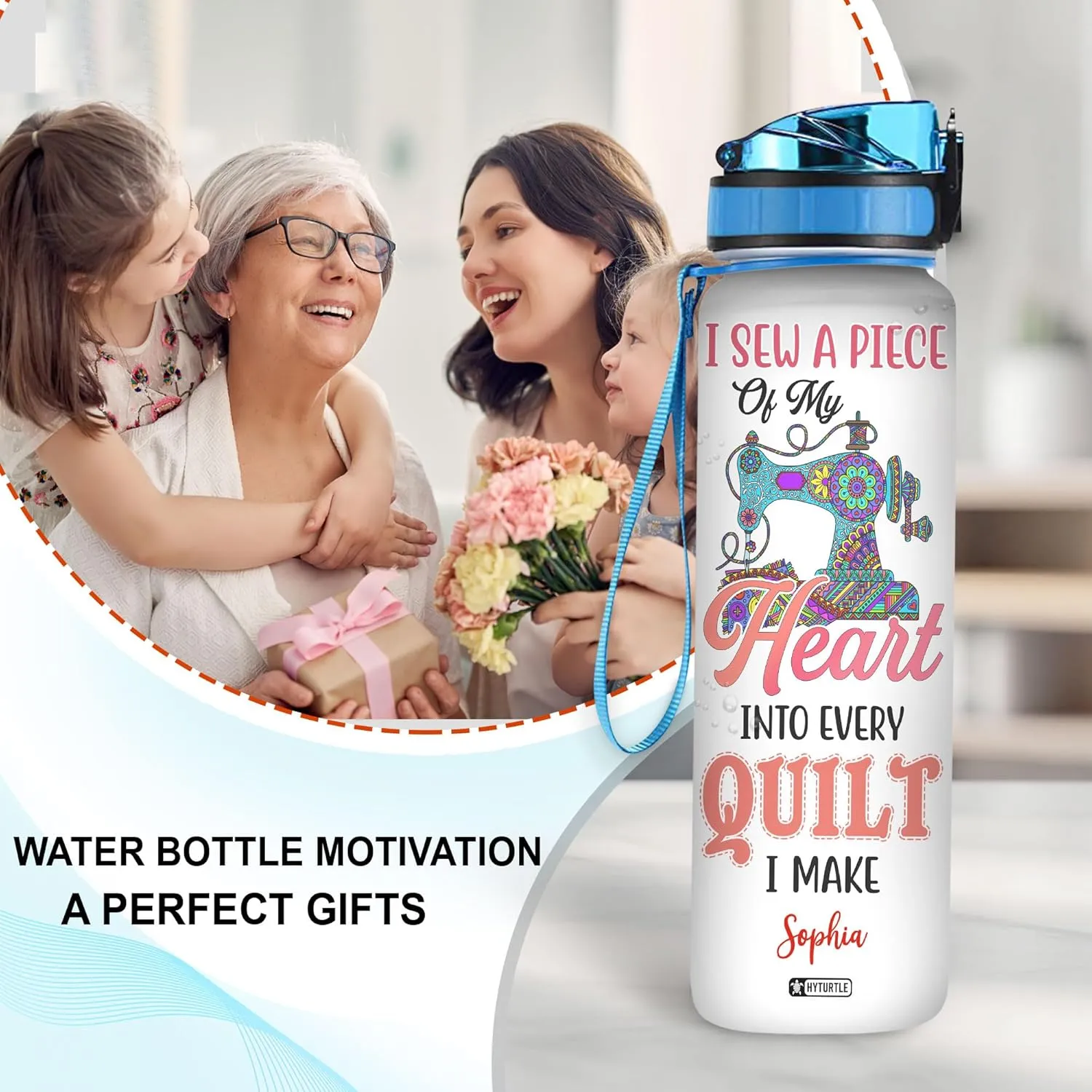 Hyturtle Personalized I Sew A Piece Of My Heart Into Every Quilt I Make 32Oz Liter Motivational Water Bottle, Customized Name With Time Marker, Gifts For Women Girls Sewers Sewing Lovers On Birthday