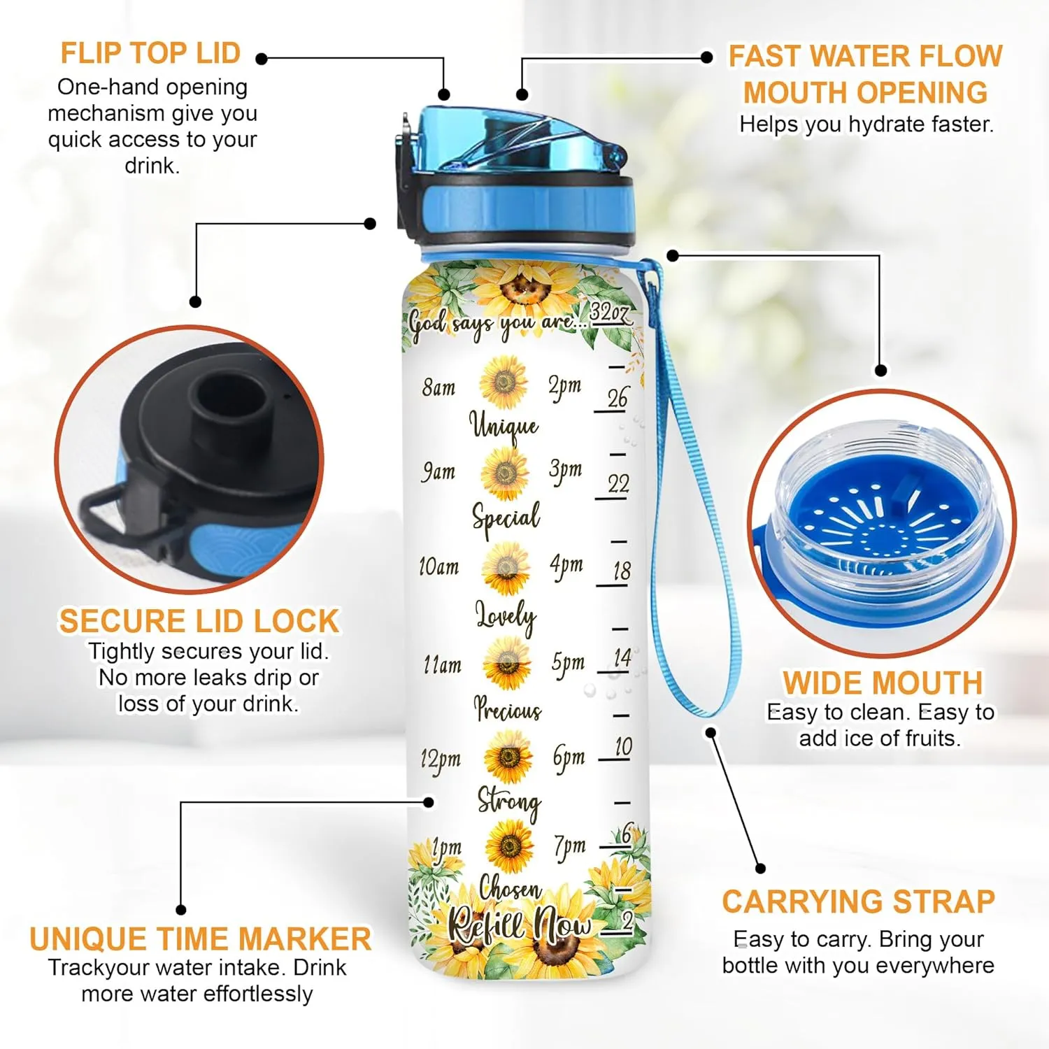 Hyturtle Personalized Let Your Faith Be Bigger Than Fear, God Say You Are 32oz Liter Motivational Water Bottle, Customized Name Sunflower Water Bottle, Gifts For Women Sunflower Lover On Birthday