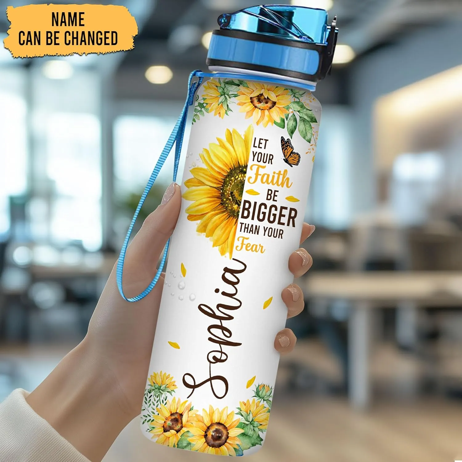 Hyturtle Personalized Let Your Faith Be Bigger Than Fear, God Say You Are 32oz Liter Motivational Water Bottle, Customized Name Sunflower Water Bottle, Gifts For Women Sunflower Lover On Birthday