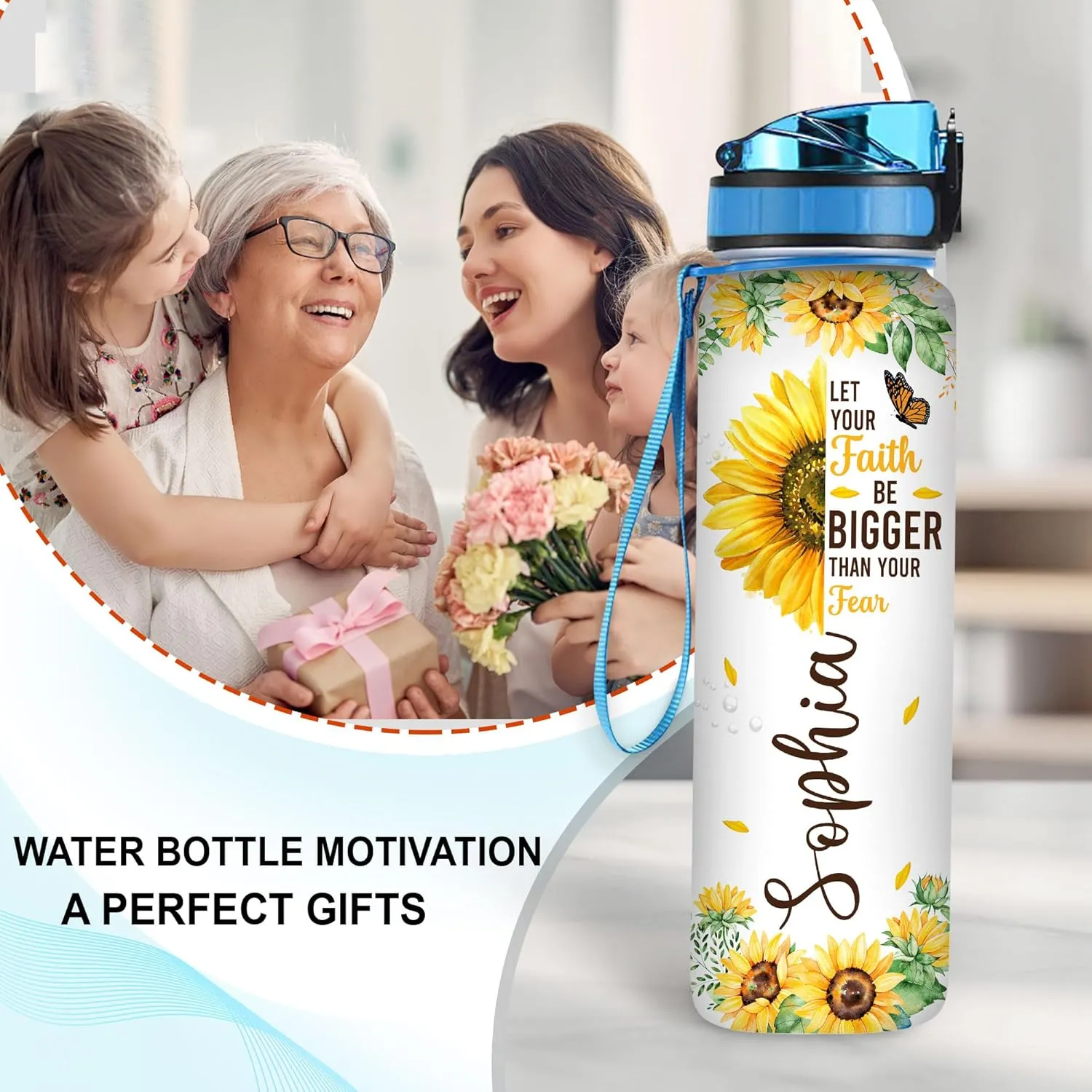 Hyturtle Personalized Let Your Faith Be Bigger Than Fear, God Say You Are 32oz Liter Motivational Water Bottle, Customized Name Sunflower Water Bottle, Gifts For Women Sunflower Lover On Birthday